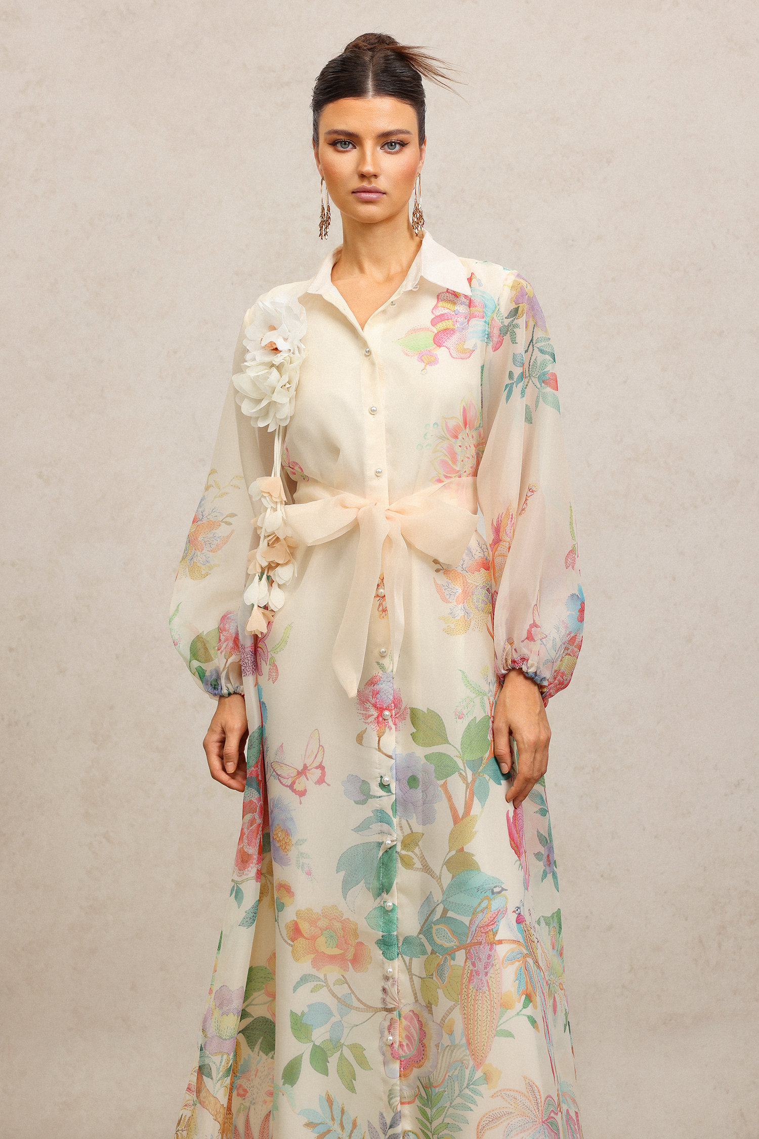 Farrah Lapel Long Sleeves Flowers Printed Maxi Dress