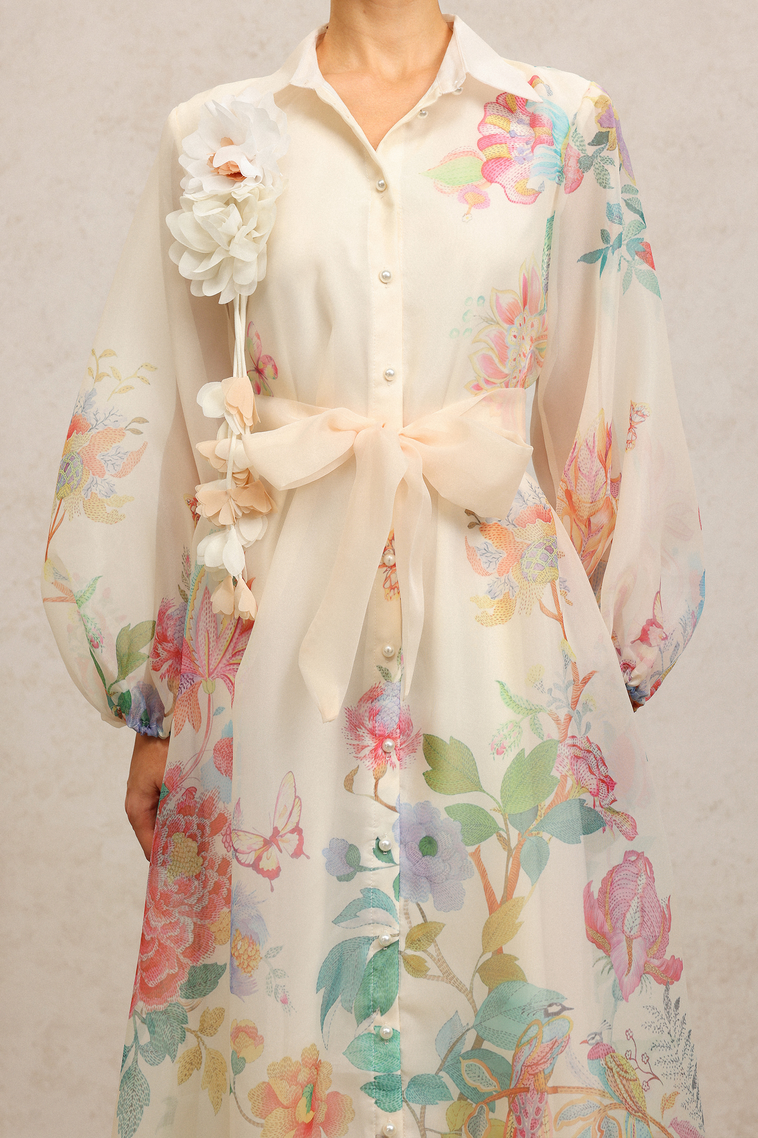 Farrah Lapel Long Sleeves Flowers Printed Maxi Dress