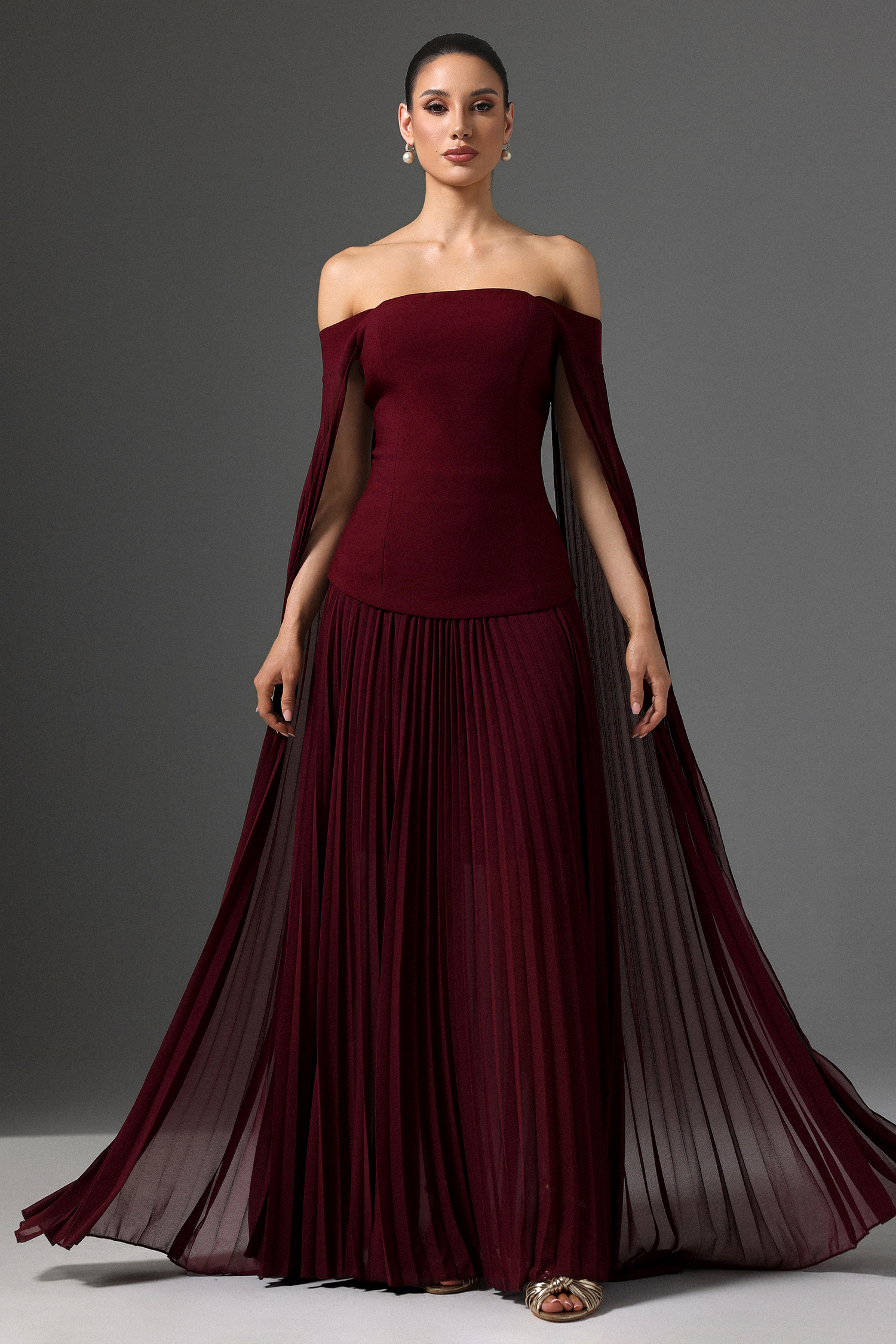 Solvia Off The Shoulder Long Sleeves Ruched Maxi Dress