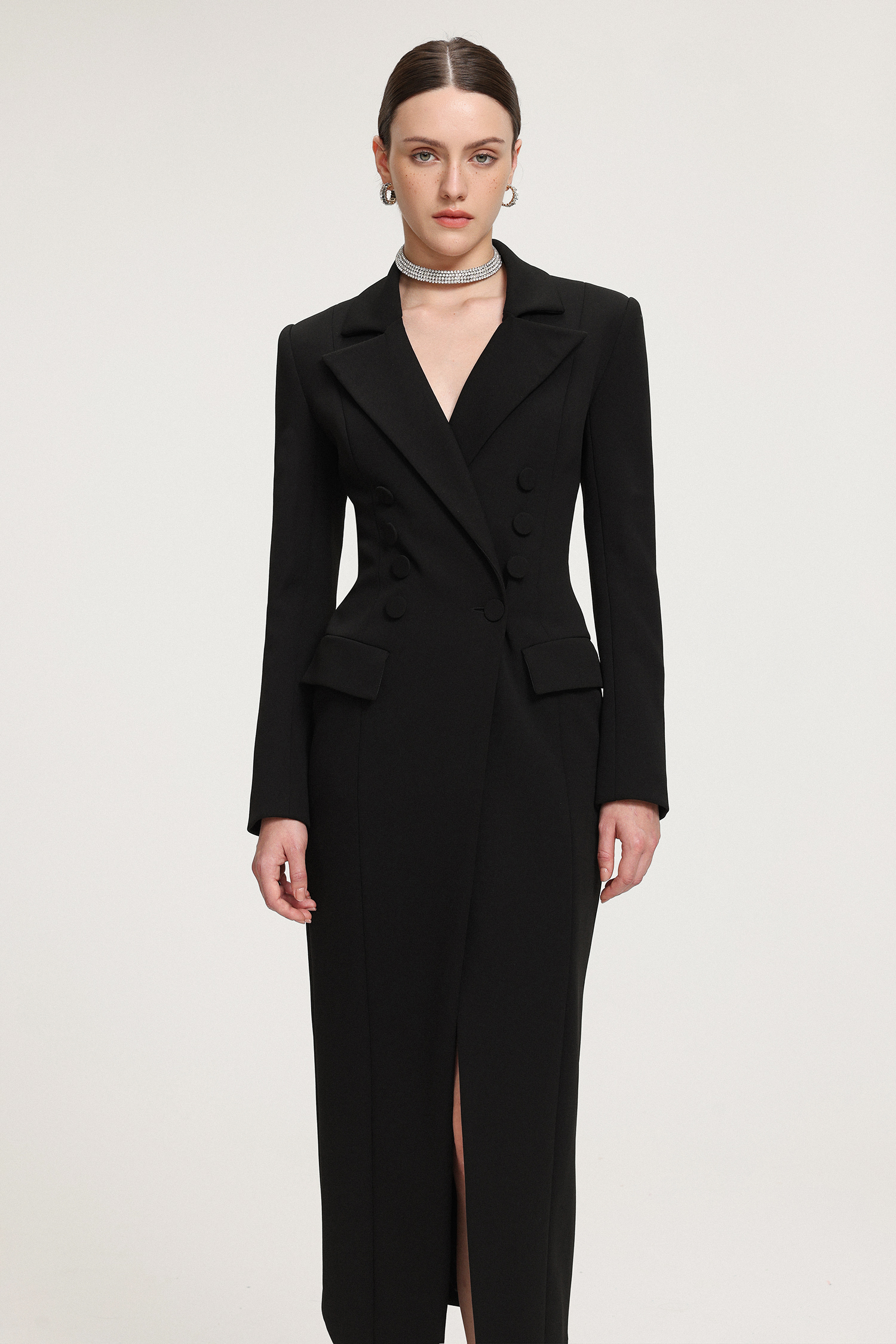 Double-Breasted Asymmetric Hem Crepe Maxi Coat