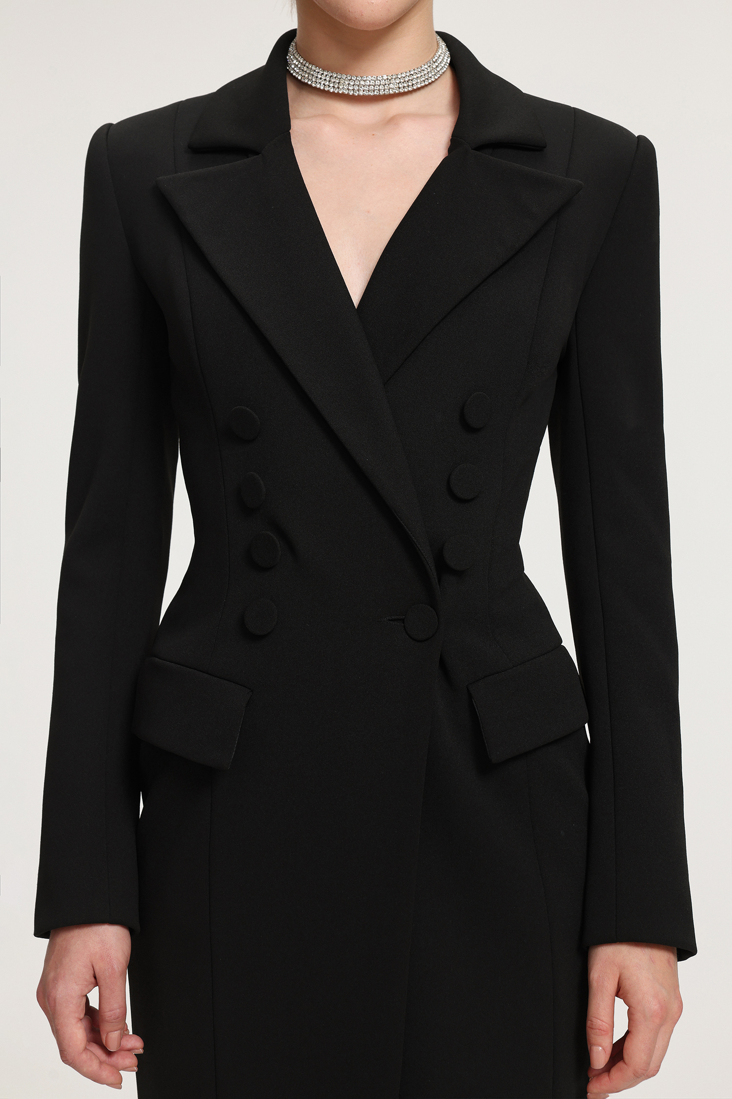 Double-Breasted Asymmetric Hem Crepe Maxi Coat