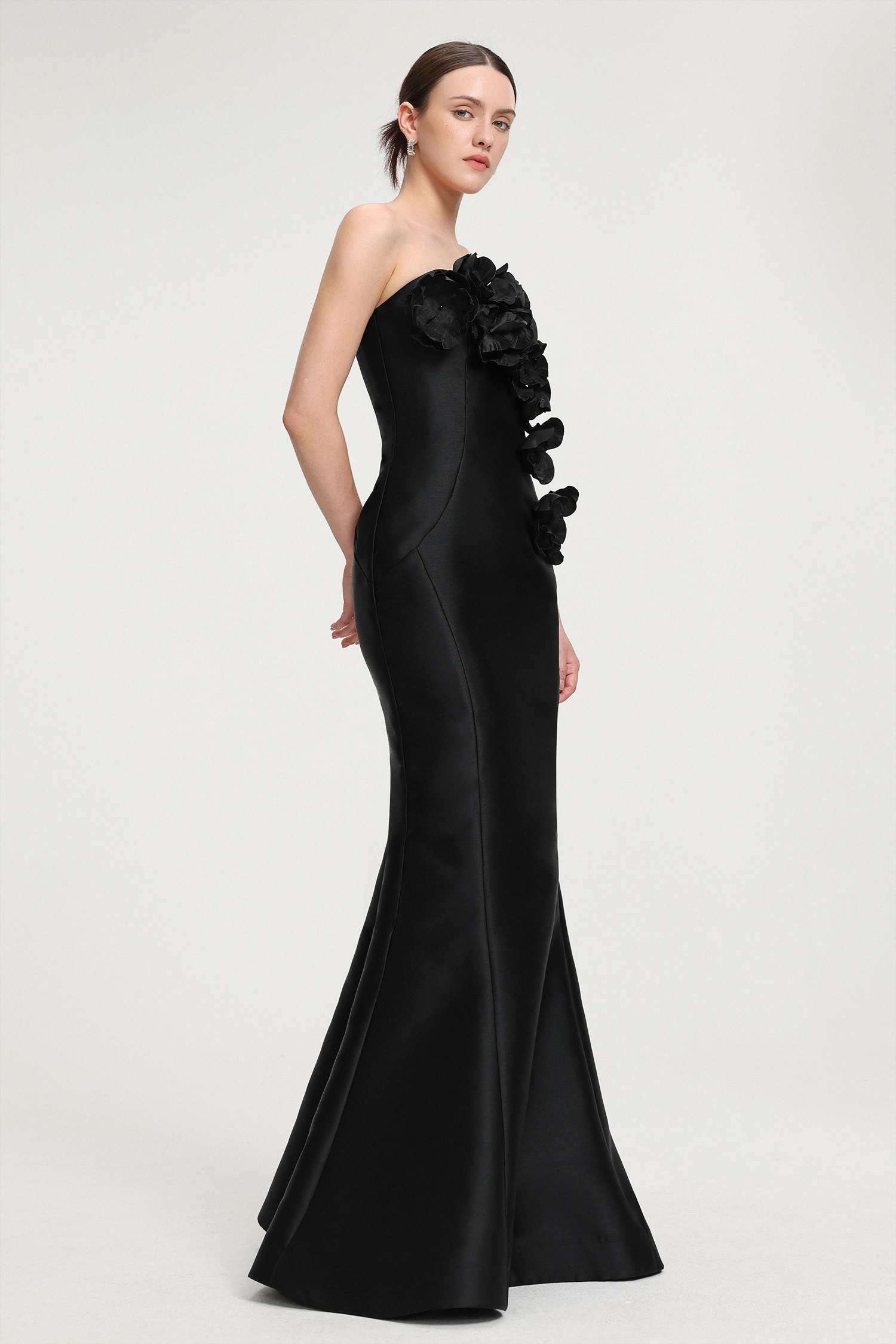 3D Floral - Embellished Strapless Satin Mermaid Maxi Dress