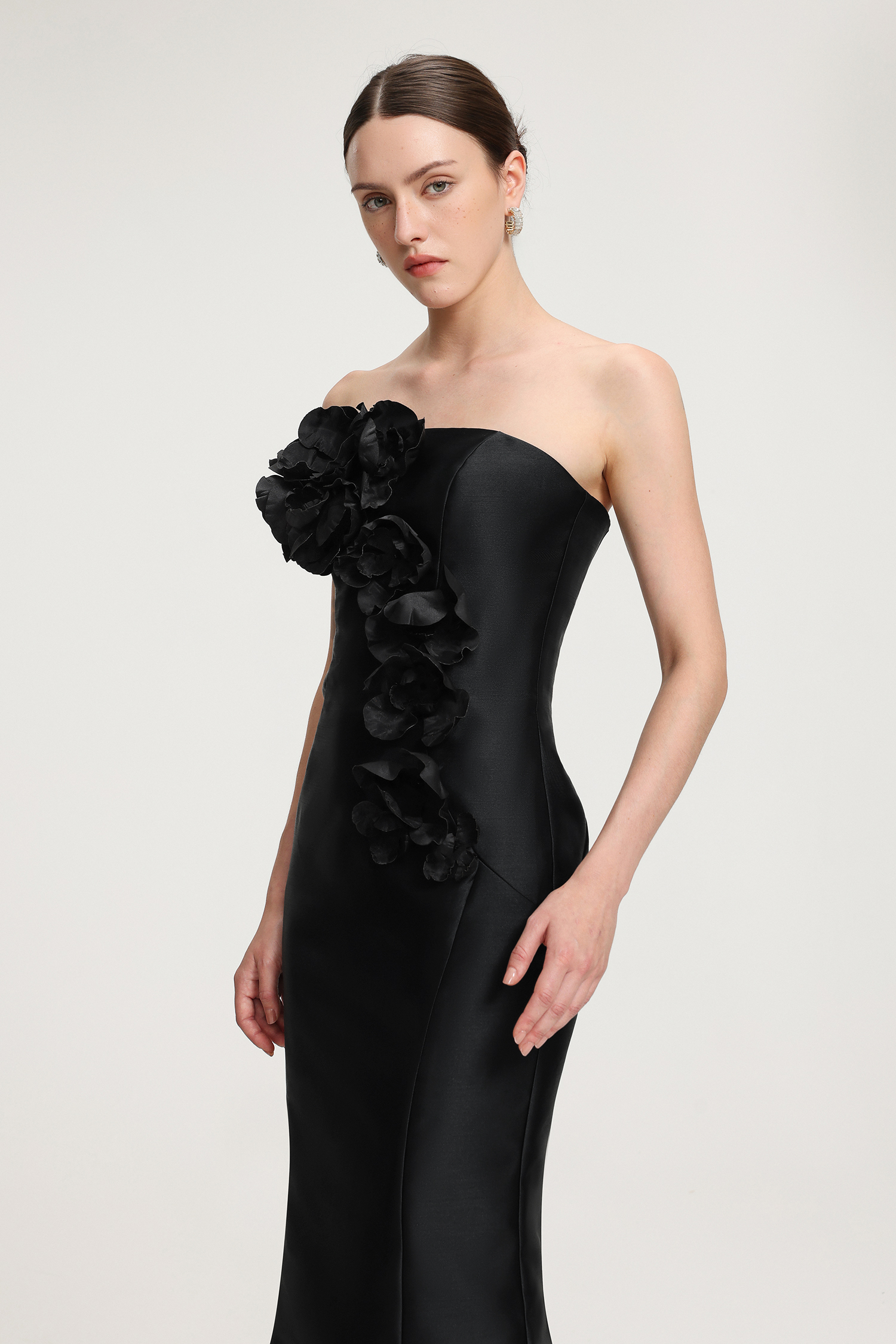 3D Floral - Embellished Strapless Satin Mermaid Maxi Dress