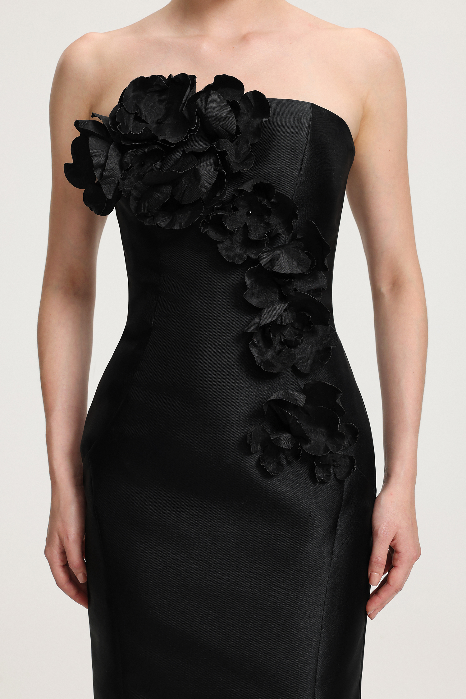 3D Floral - Embellished Strapless Satin Mermaid Maxi Dress