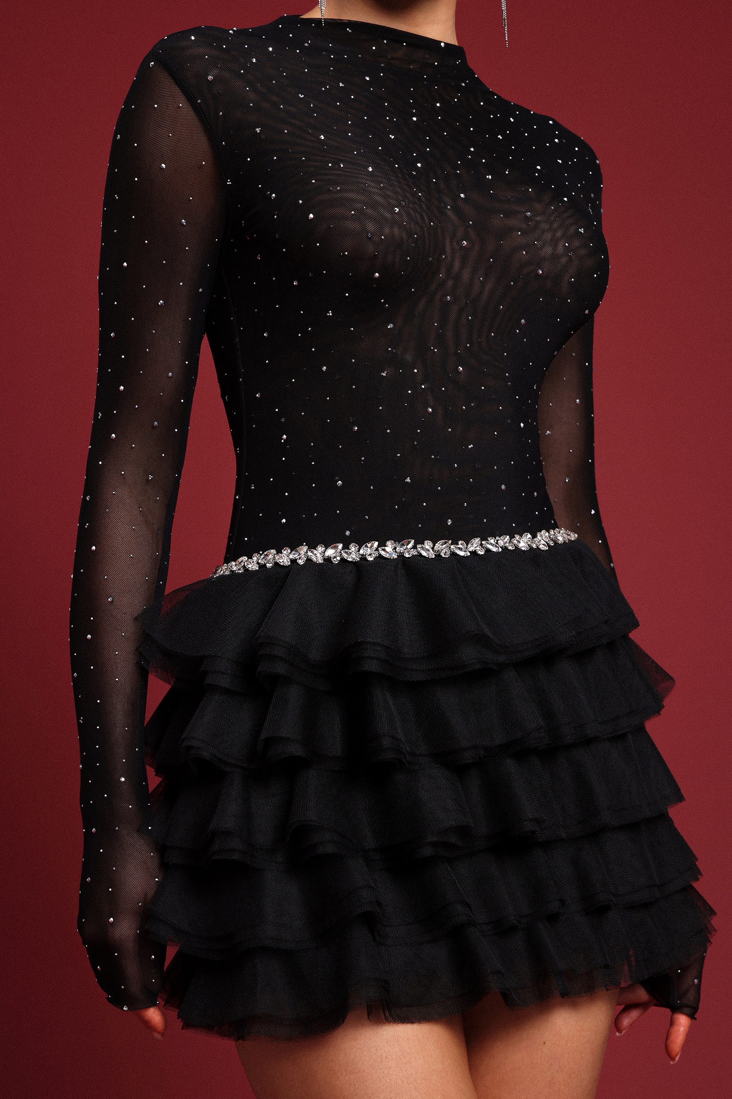 Kerta Classic Contour Crystal Ruffle Mesh Mini Dress