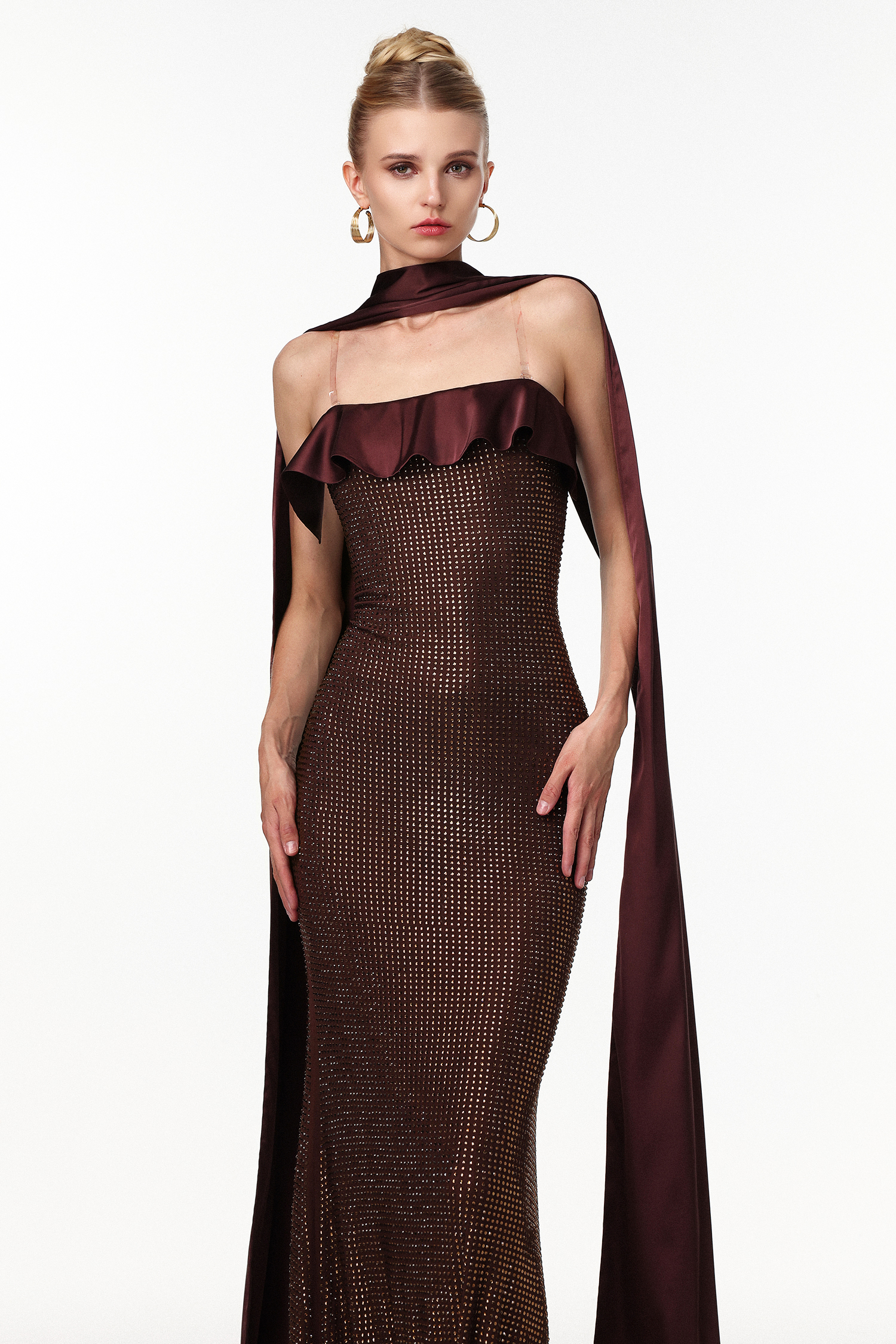 Zainab Elegant Contour Rhinestone Knit Maxi Dress