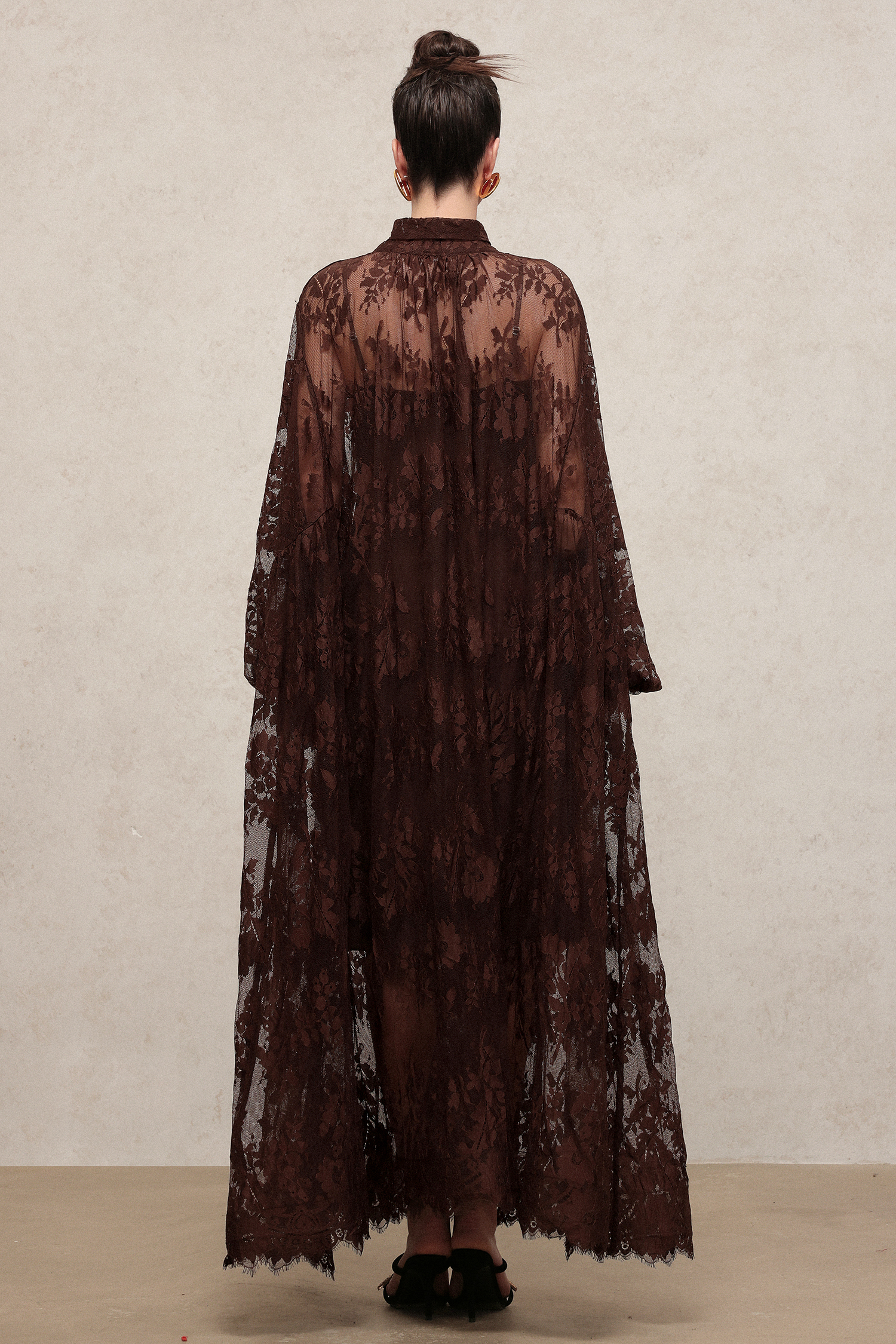 Deliyn Resort Flowy Long Sleeve Embroidered Mesh Lace Maxi Dress