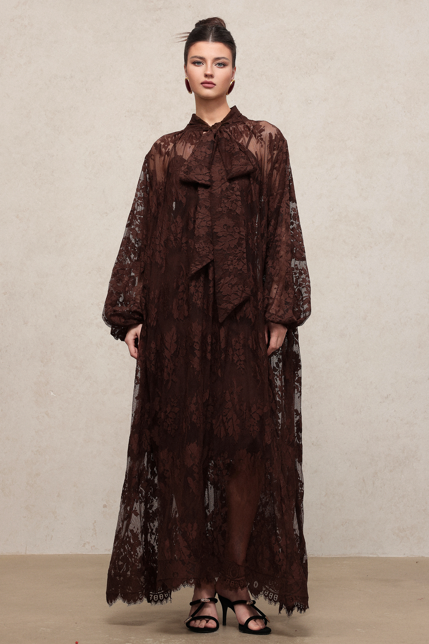 Deliyn Resort Flowy Long Sleeve Embroidered Mesh Lace Maxi Dress