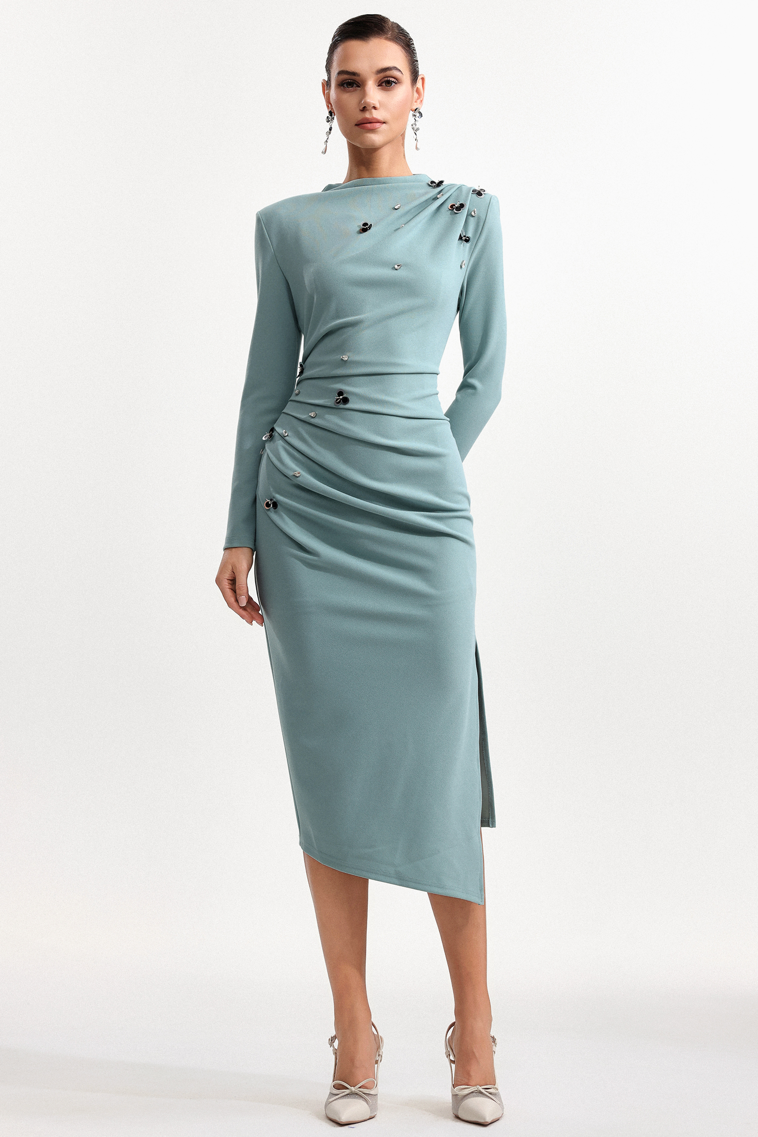 Nina Elegant Cinched Waist Long Sleeve Sequin Floral Pleated Knit Midi Dress