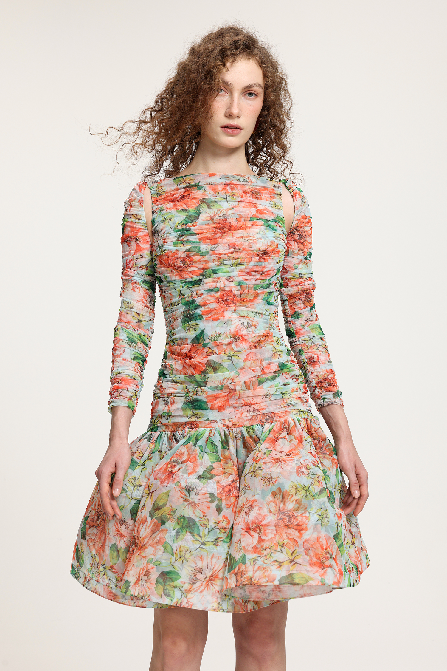 Ruffled Floral Gauze Long Sleeve, Hose Hair Structure All-Match Skirt