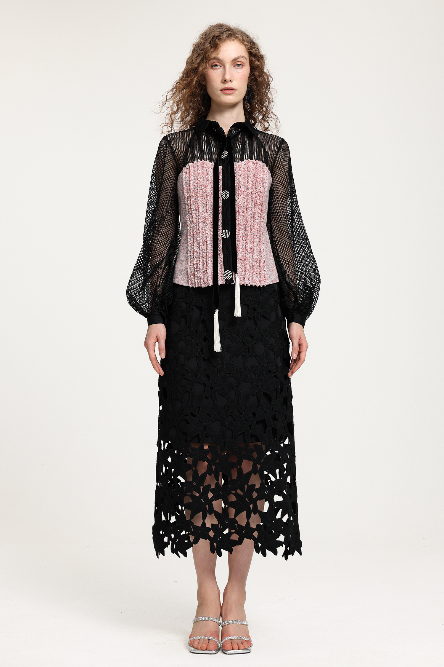 Black Sheer Mesh & Pink Fringe-Textured Top With Balloon Sleeves