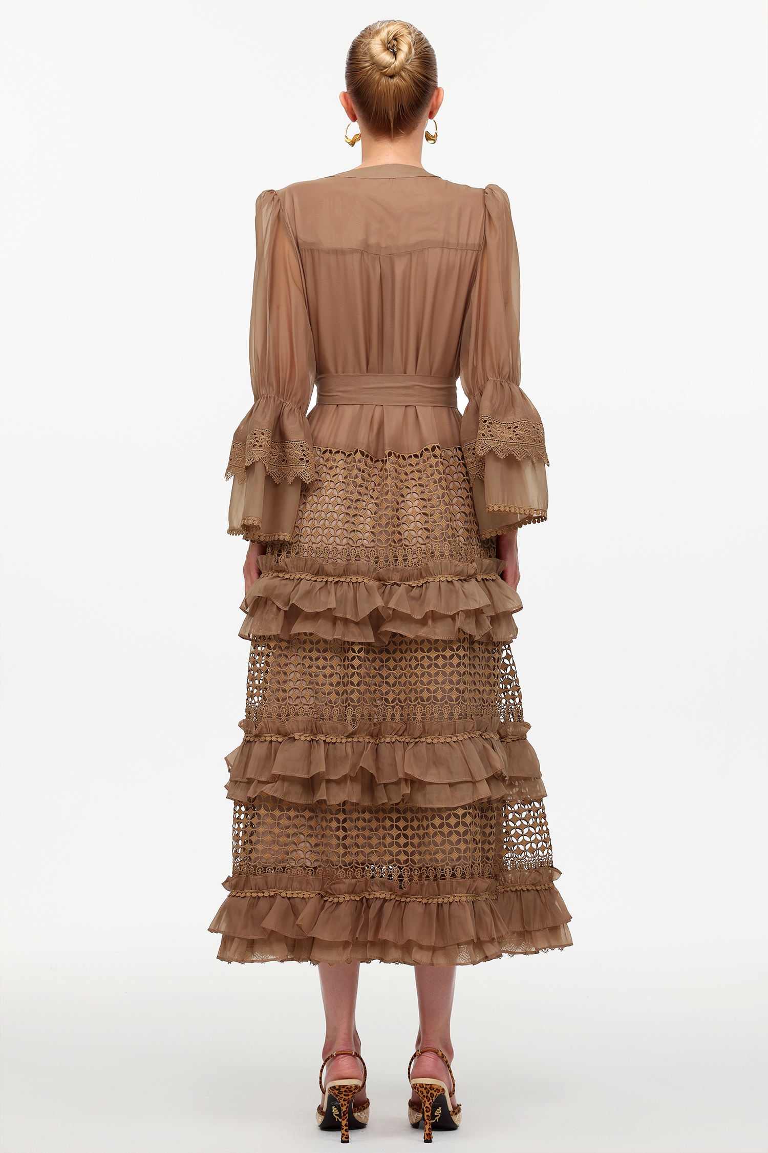 Hakula Resort Flowy Long Sleeve Falbala Lace Woven Maxi Dress