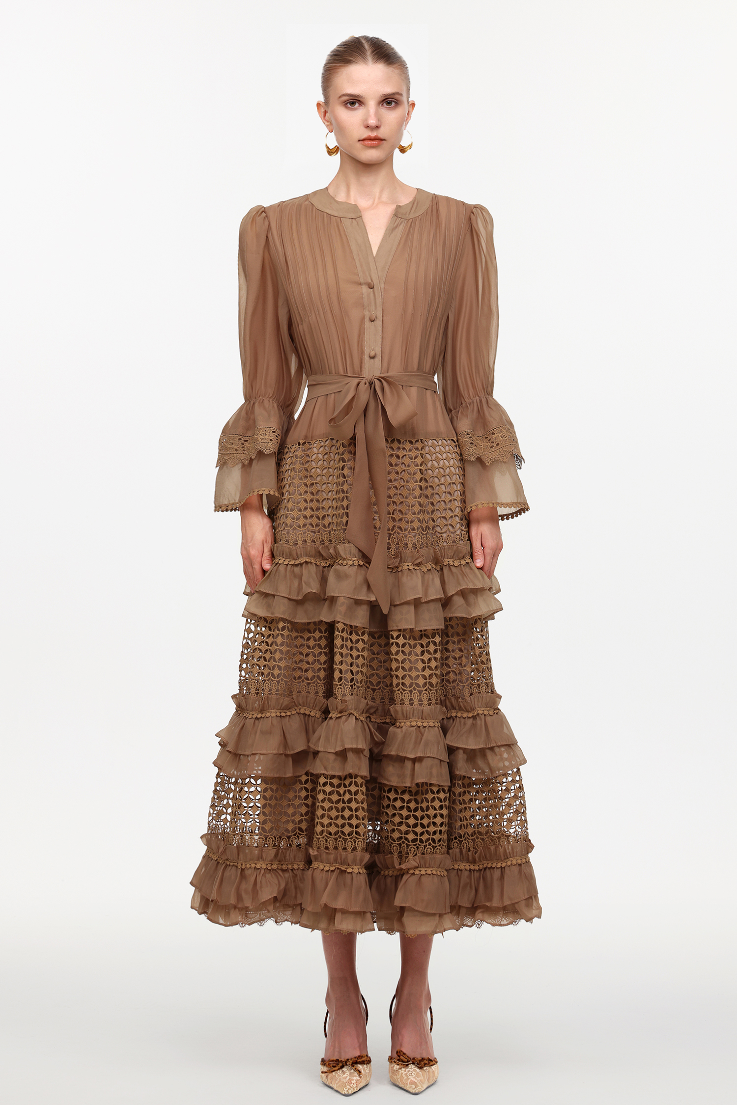 Hakula Resort Flowy Long Sleeve Falbala Lace Woven Maxi Dress