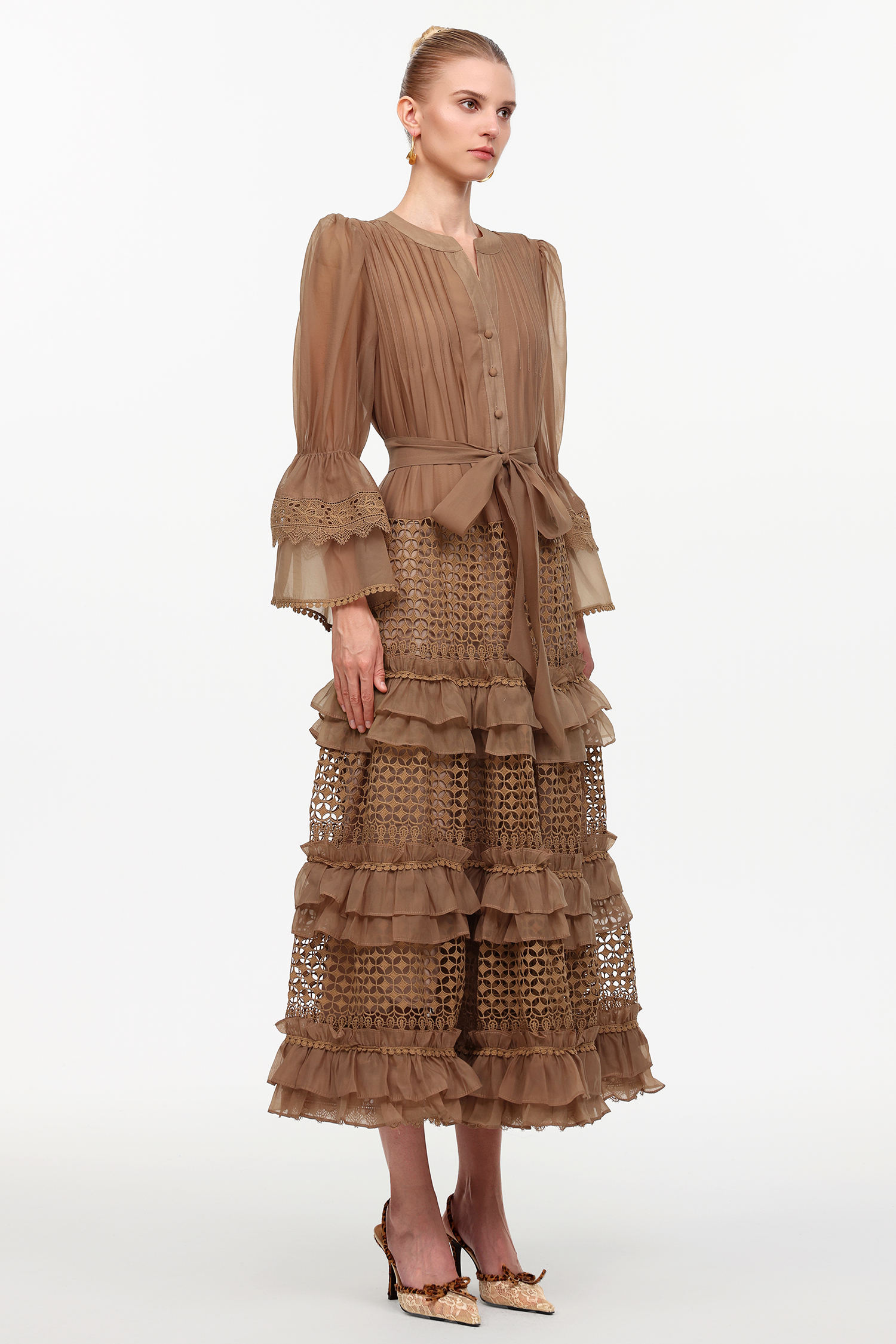 Hakula Resort Flowy Long Sleeve Falbala Lace Woven Maxi Dress
