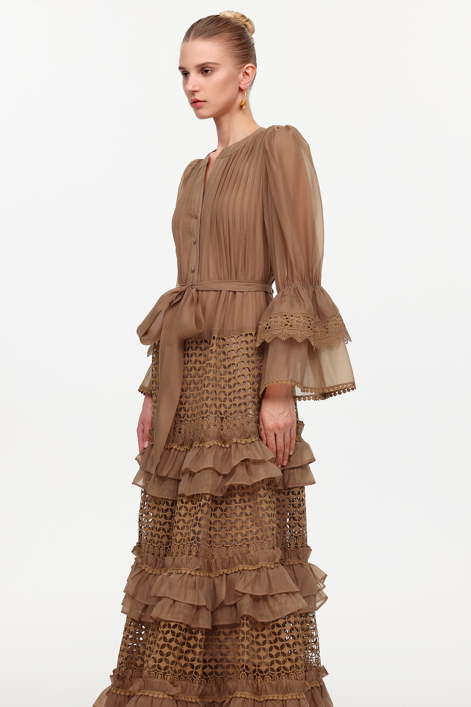 Hakula Resort Flowy Long Sleeve Falbala Lace Woven Maxi Dress