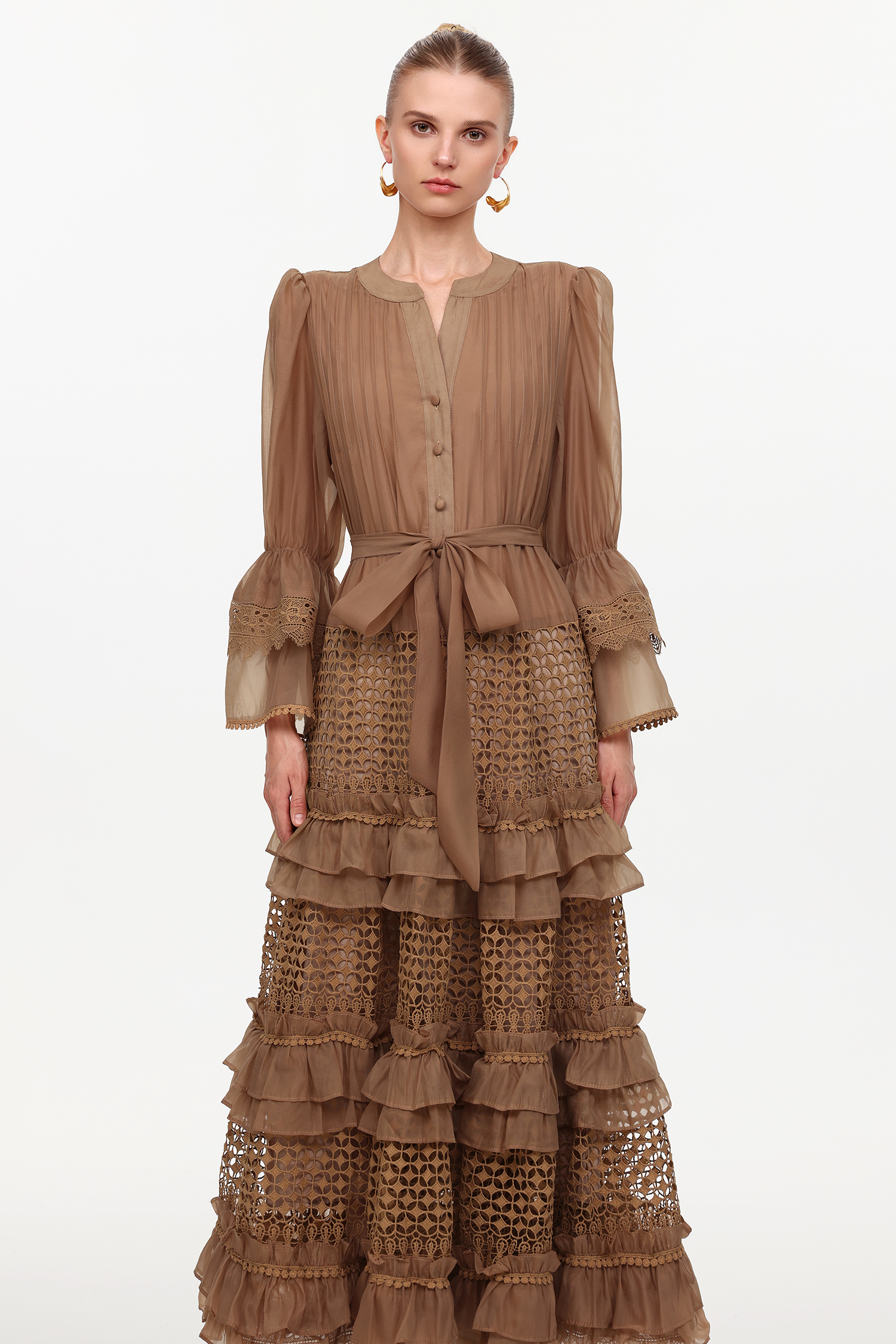 Hakula Resort Flowy Long Sleeve Falbala Lace Woven Maxi Dress