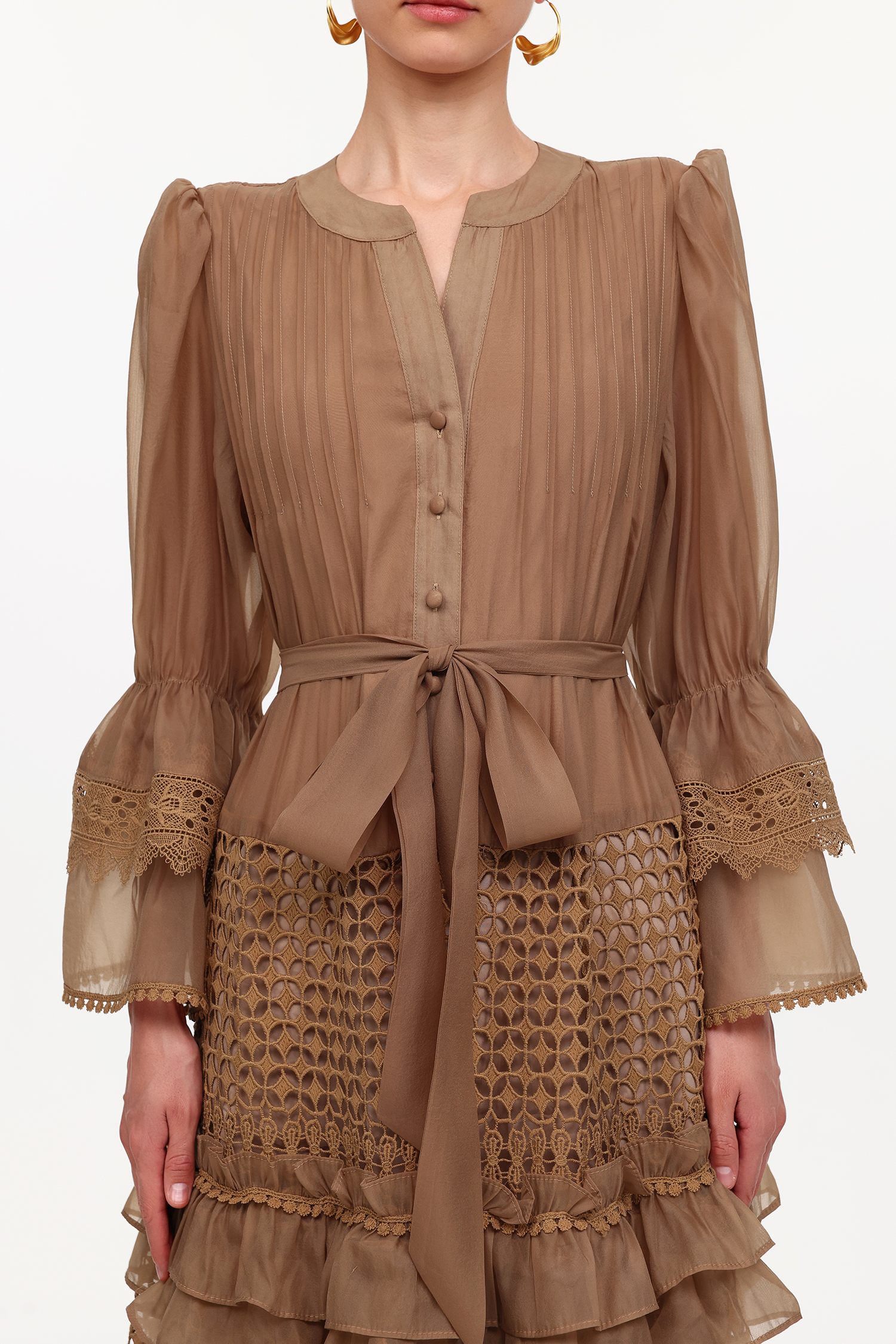 Hakula Resort Flowy Long Sleeve Falbala Lace Woven Maxi Dress