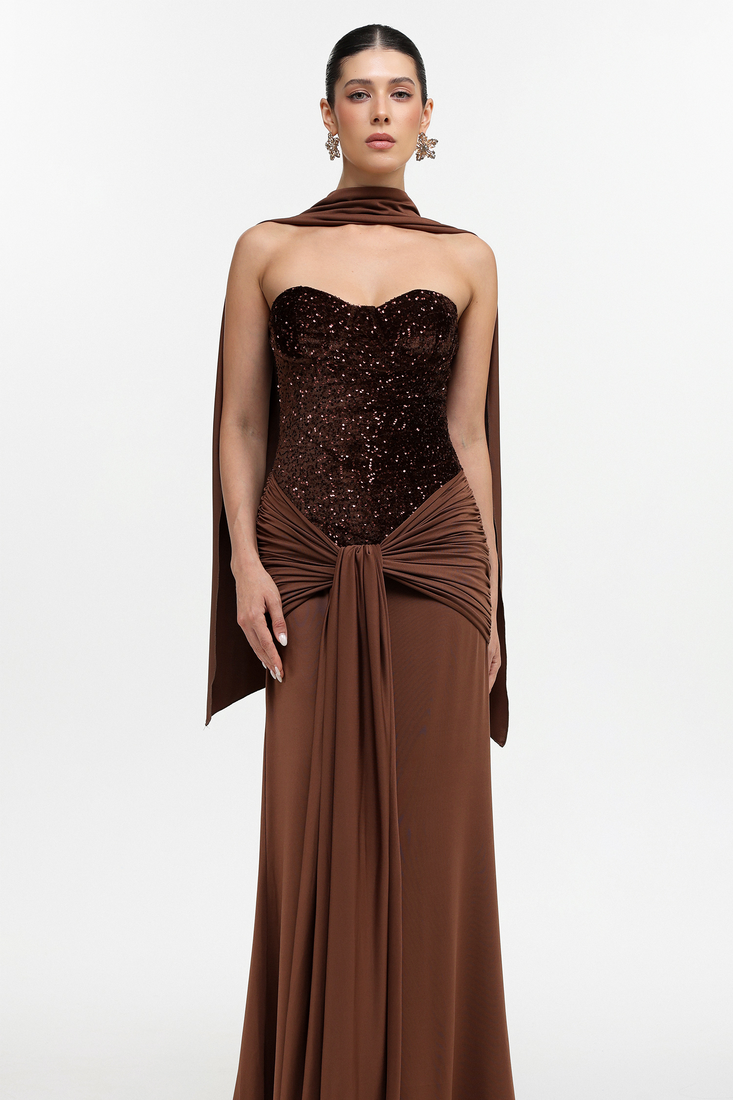 Sharlot Elegant Contour Strapless sequin Draped Knit Maxi Dress