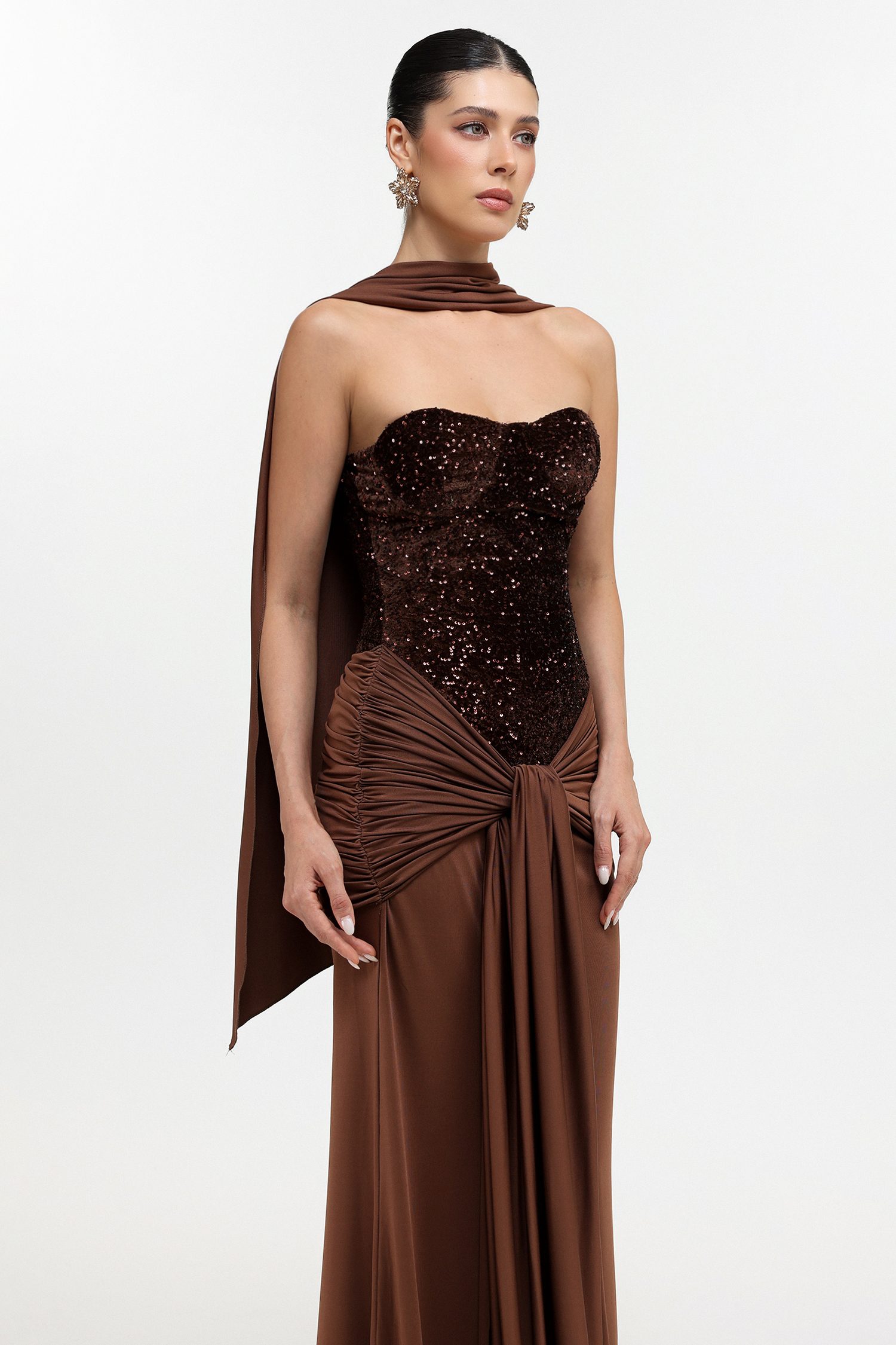 Sharlot Elegant Contour Strapless sequin Draped Knit Maxi Dress