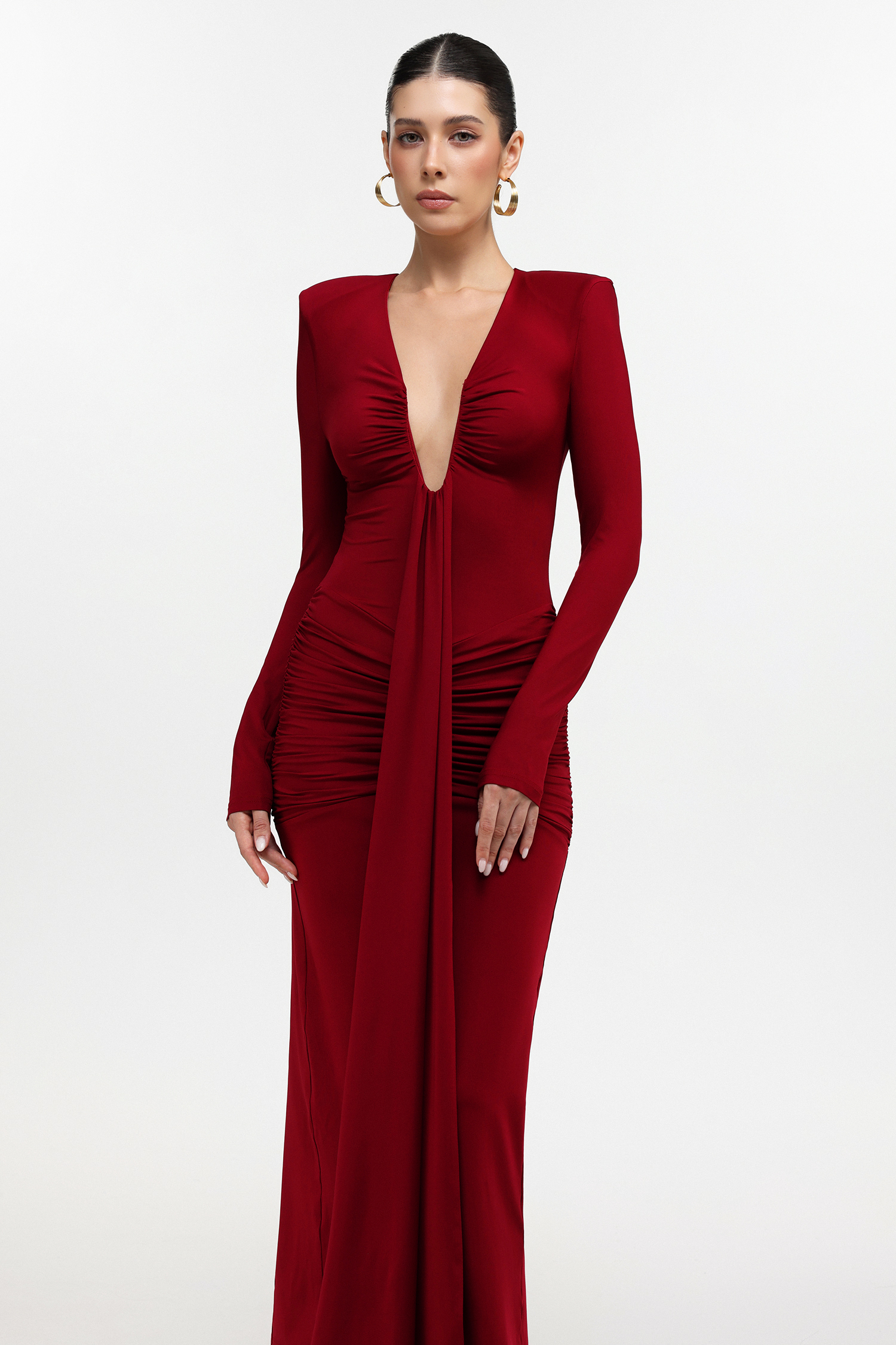 Dixie Sexy Contour Long Sleeve Deep V Ruched Knit Maxi Dress