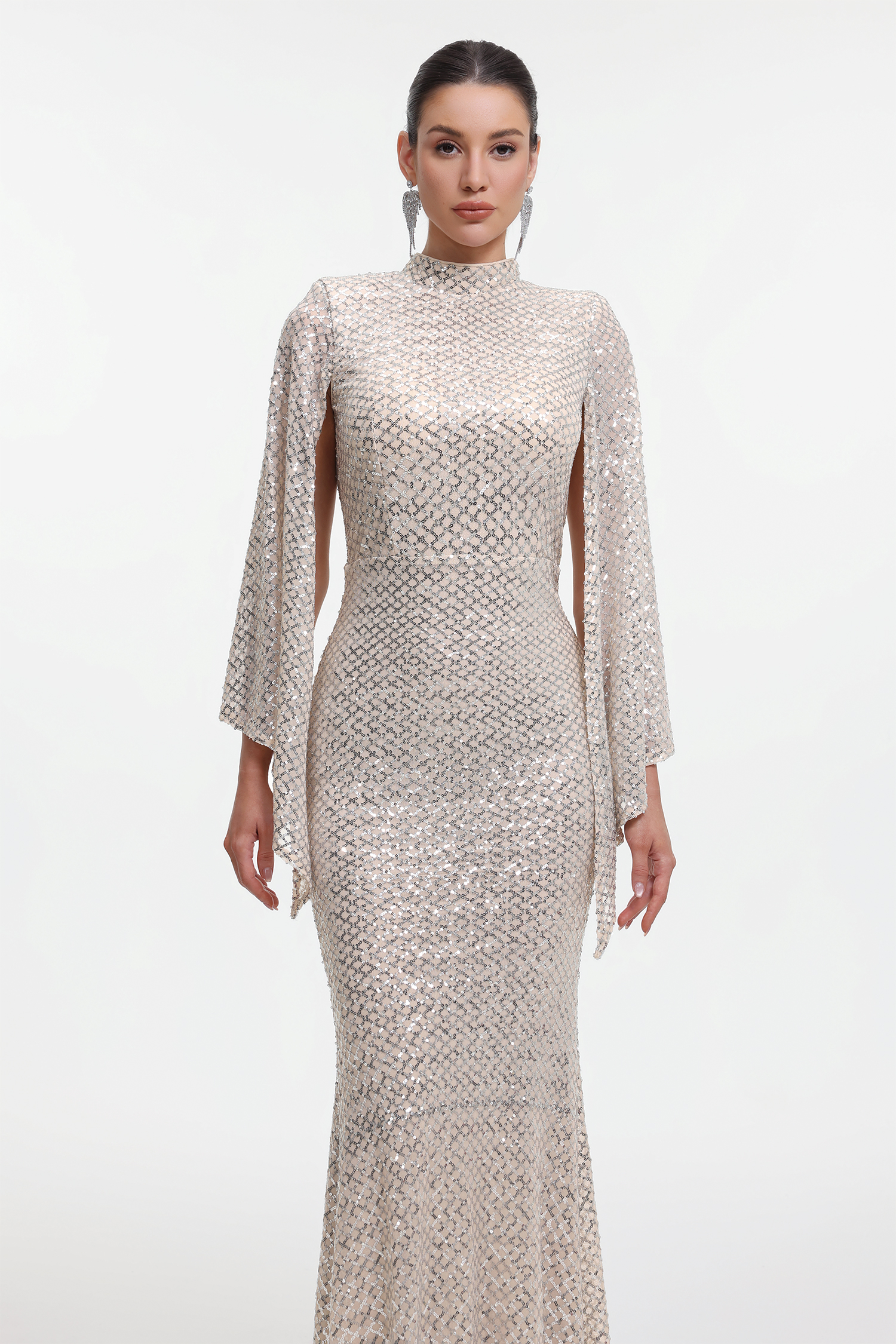 Euen Elegant Contour Cape Sleeve Sequin Maxi Dress