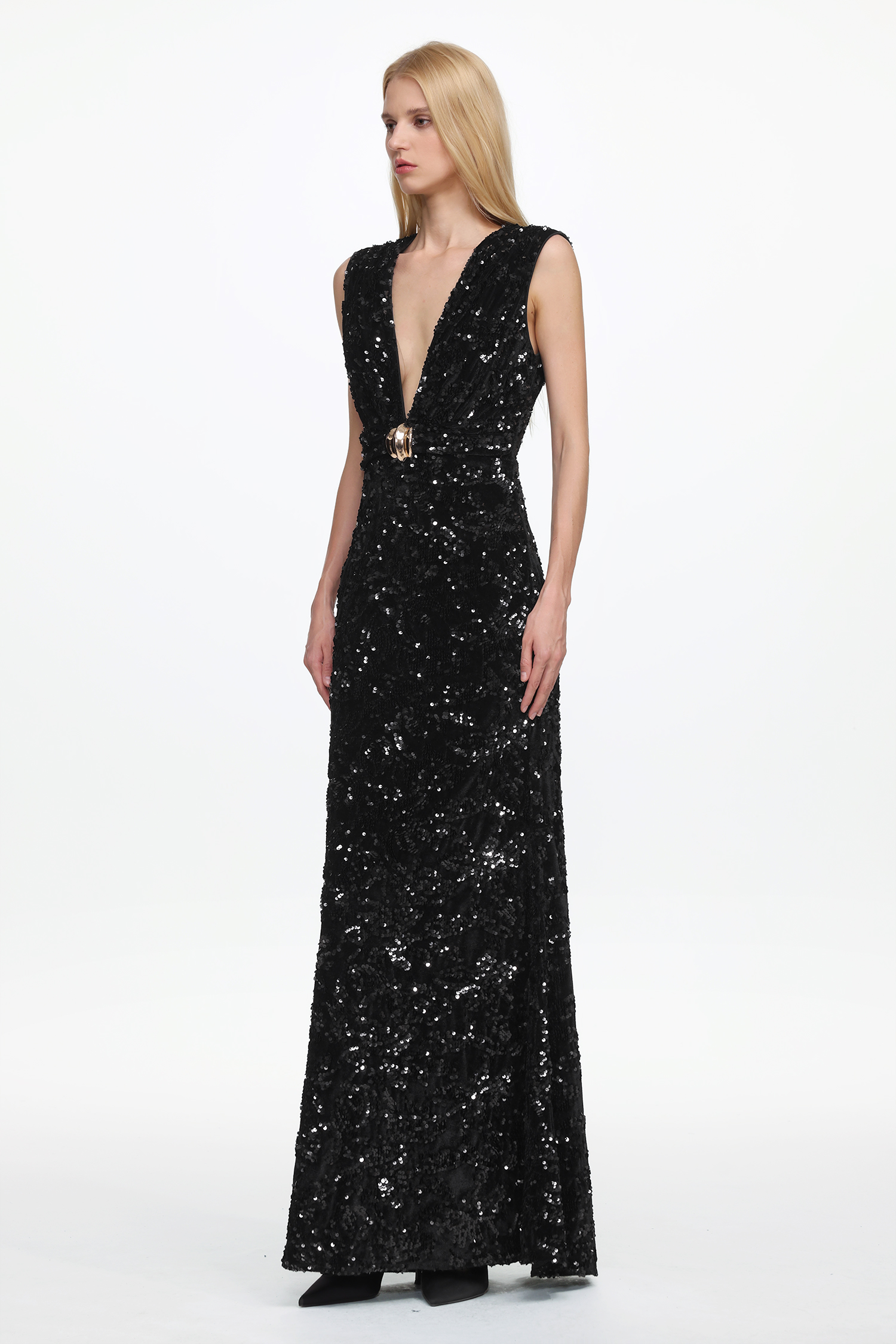 Chic Contour Sleeveless Deep V Metal Buckle Sequin Velvet Maxi Dress