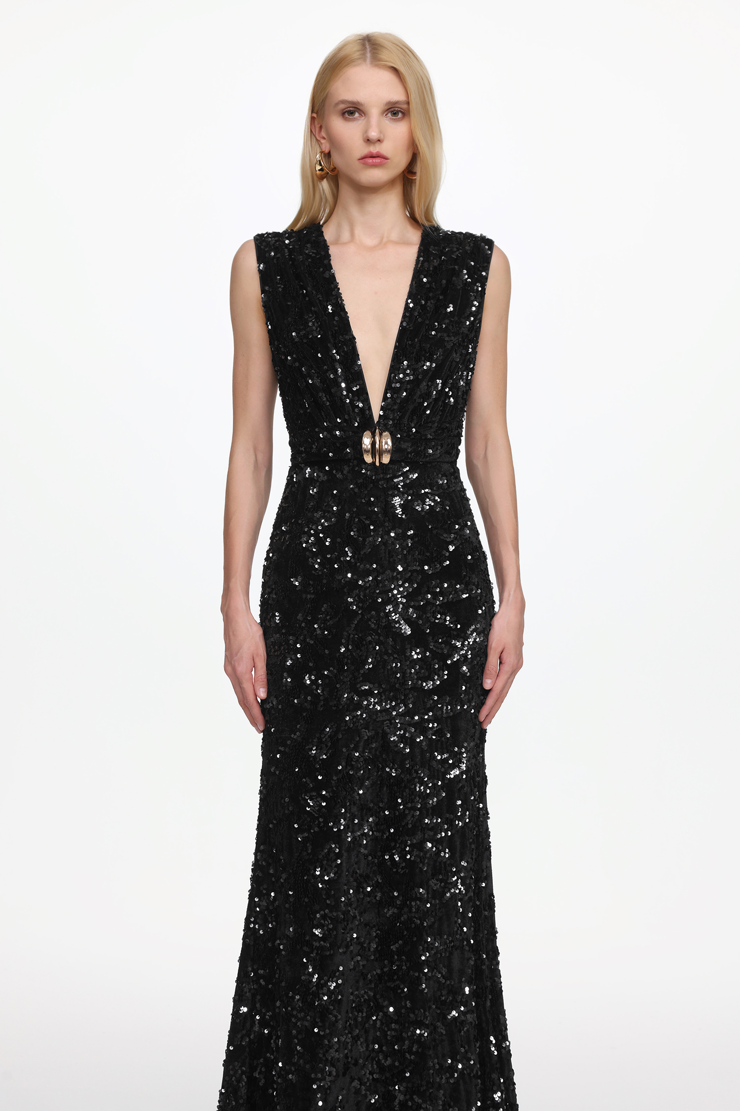 Chic Contour Sleeveless Deep V Metal Buckle Sequin Velvet Maxi Dress