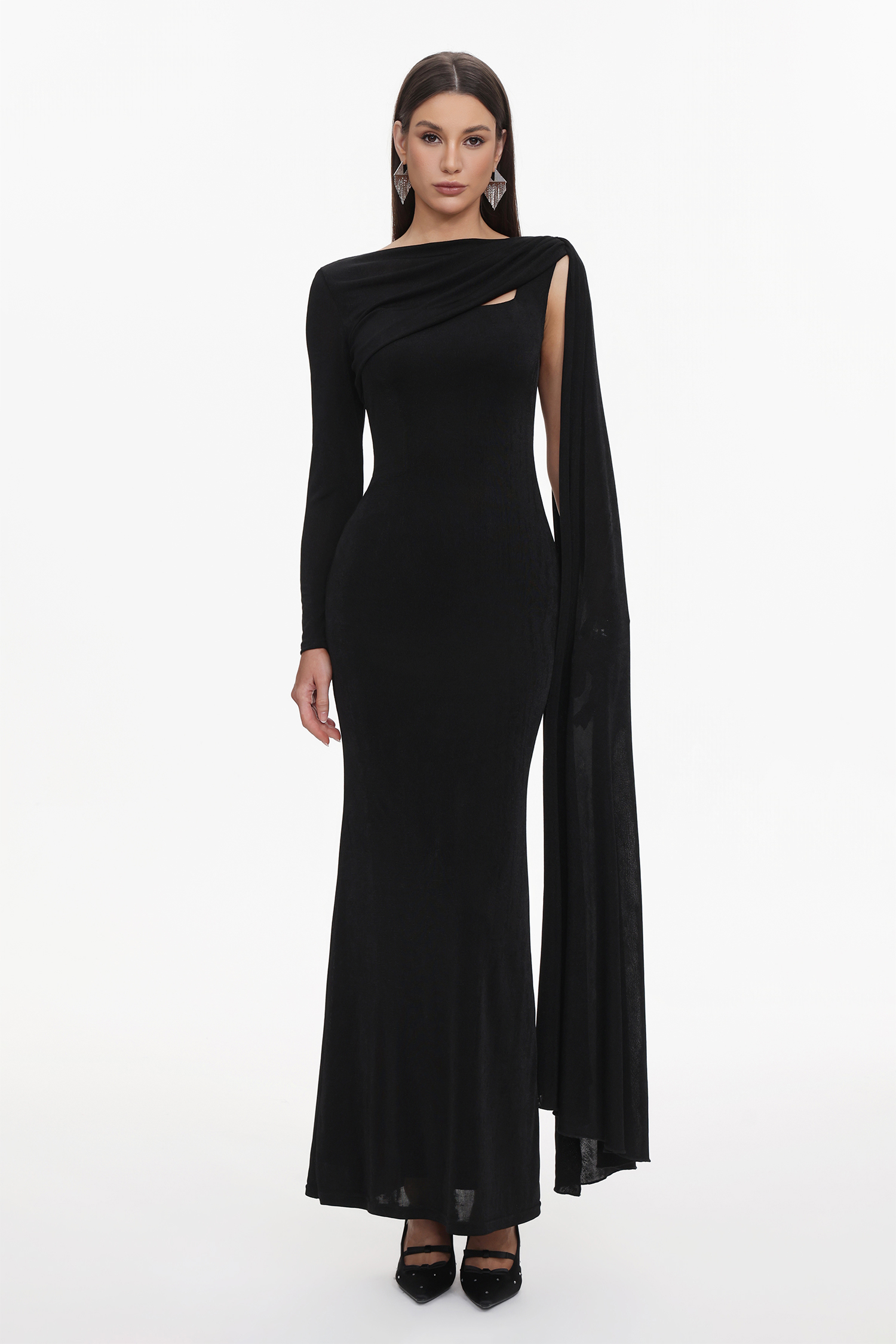 Louxia Elegant Contour One Sleeve Asymmetric Cape Maxi Dress