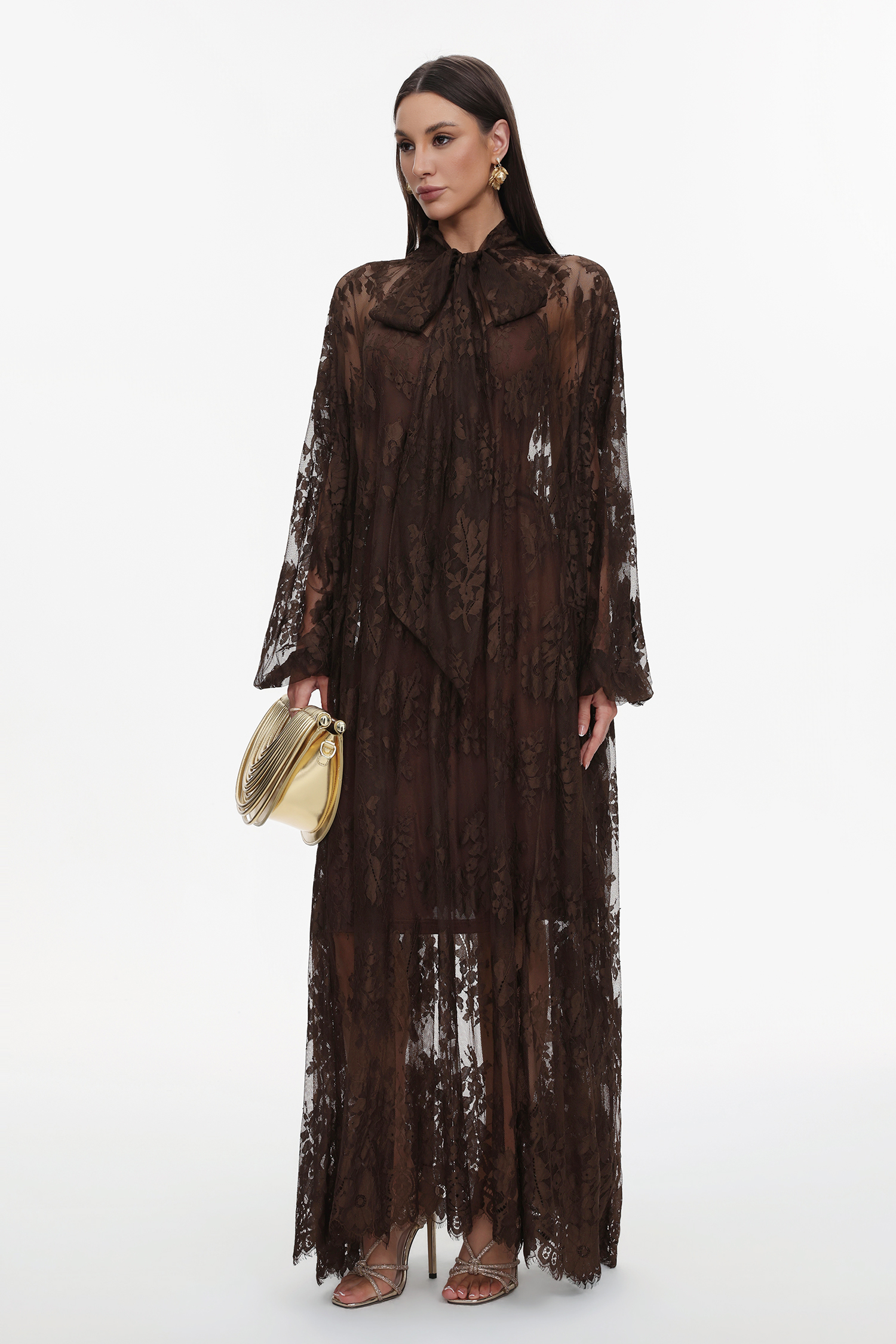 Deliyn Resort Flowy Long Sleeve Embroidered Mesh Lace Maxi Dress