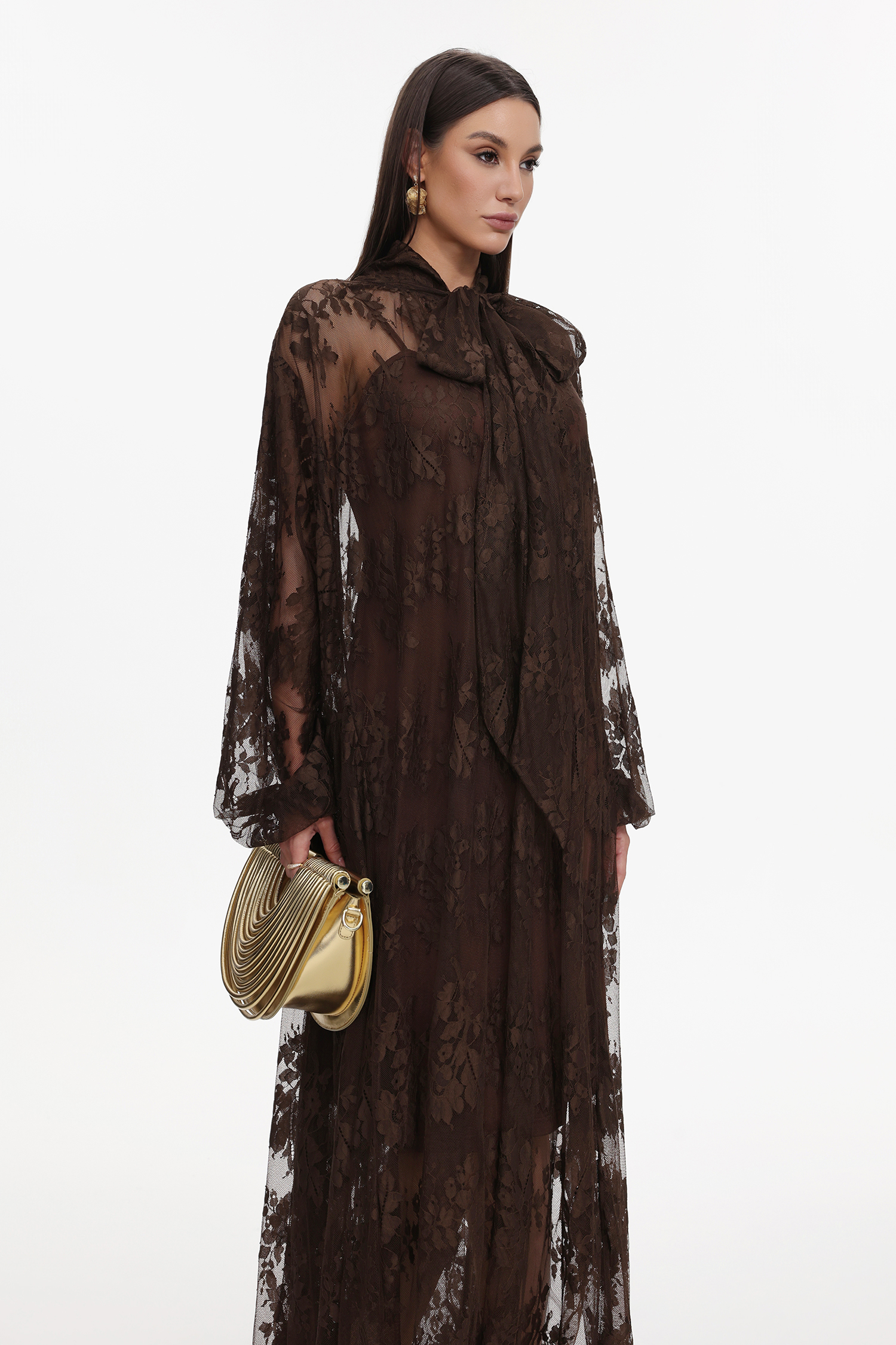 Deliyn Resort Flowy Long Sleeve Embroidered Mesh Lace Maxi Dress