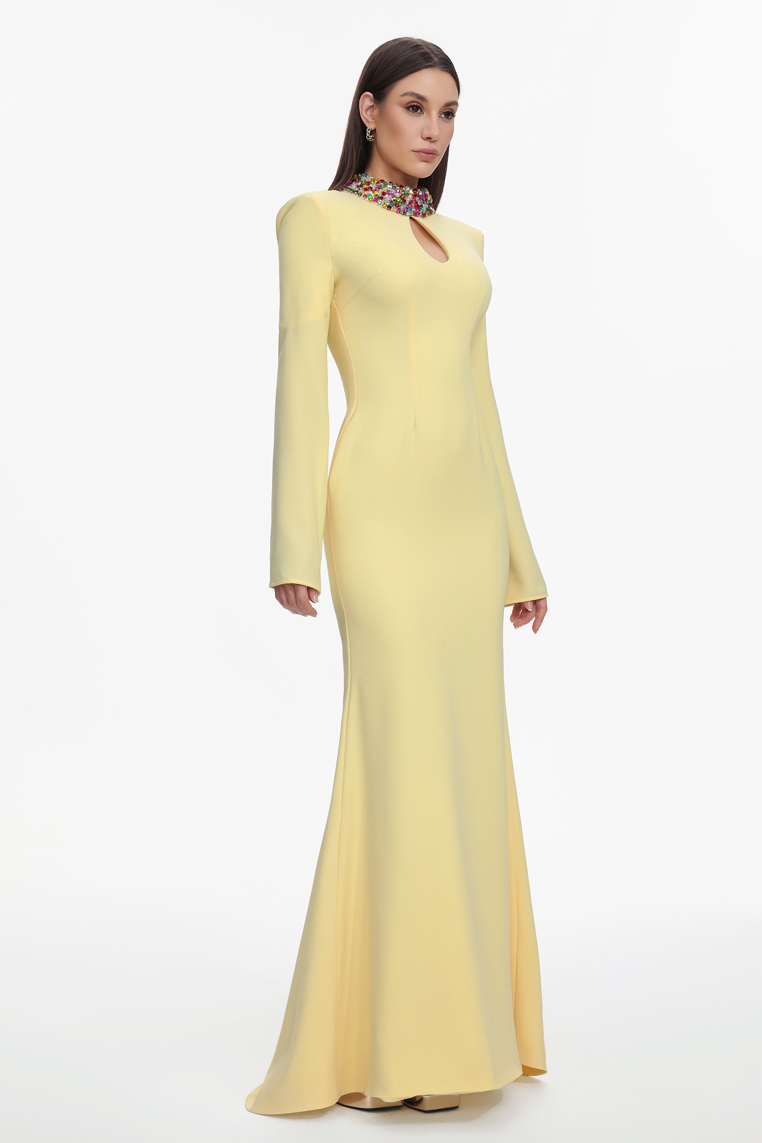 Ditala Elegant Tailored Cape Sleeve Cut Out Rhinestone Woven Maxi Dress