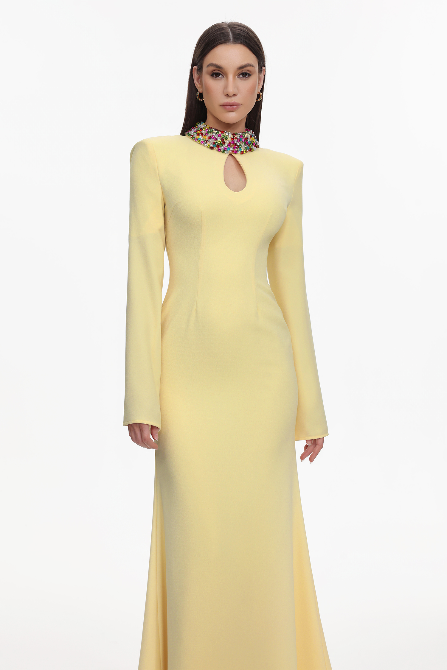 Ditala Elegant Tailored Cape Sleeve Cut Out Rhinestone Woven Maxi Dress