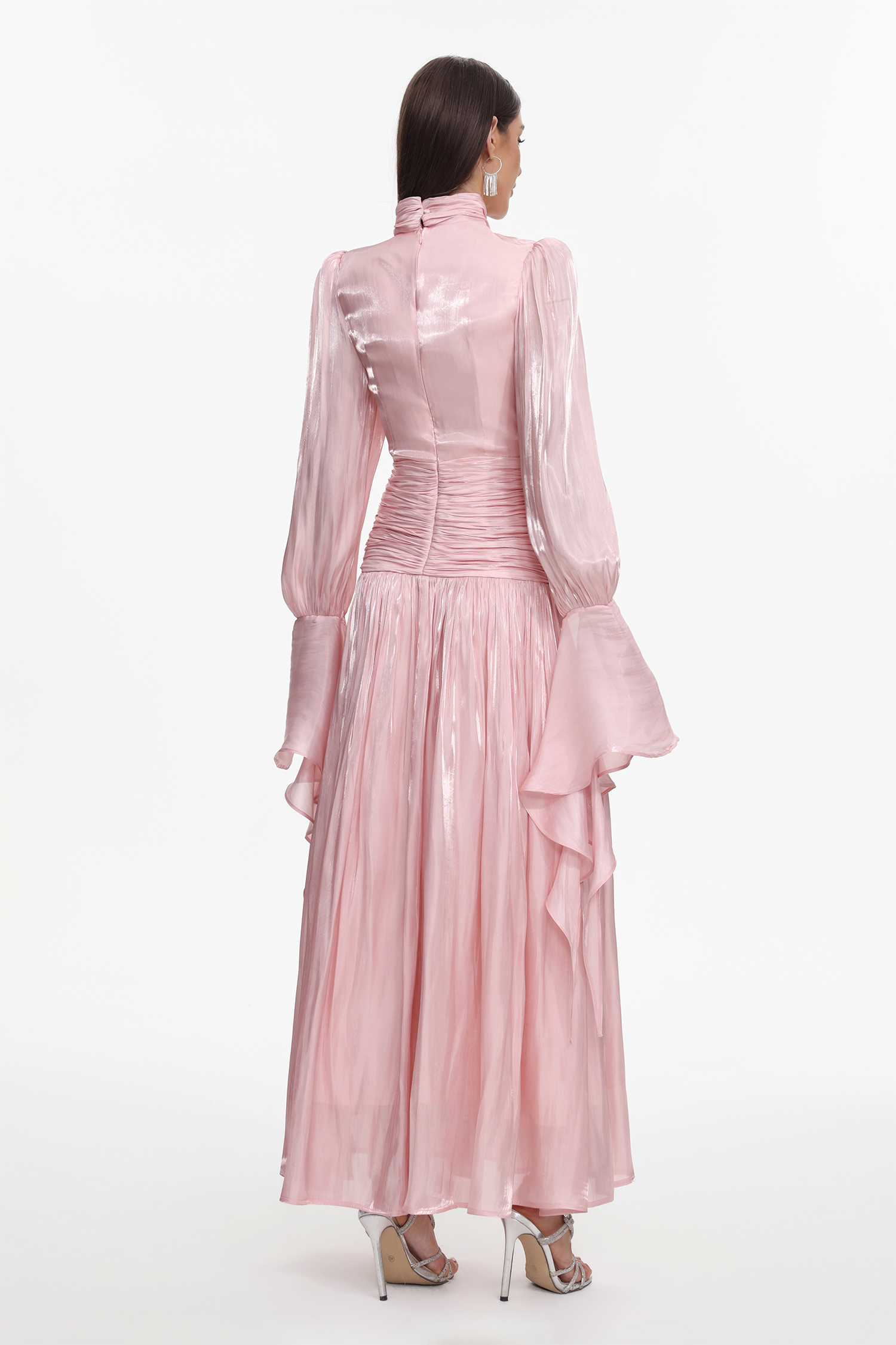 Viky Resort Waist-Defining Long Sleeve Ruched Woven Maxi Dress