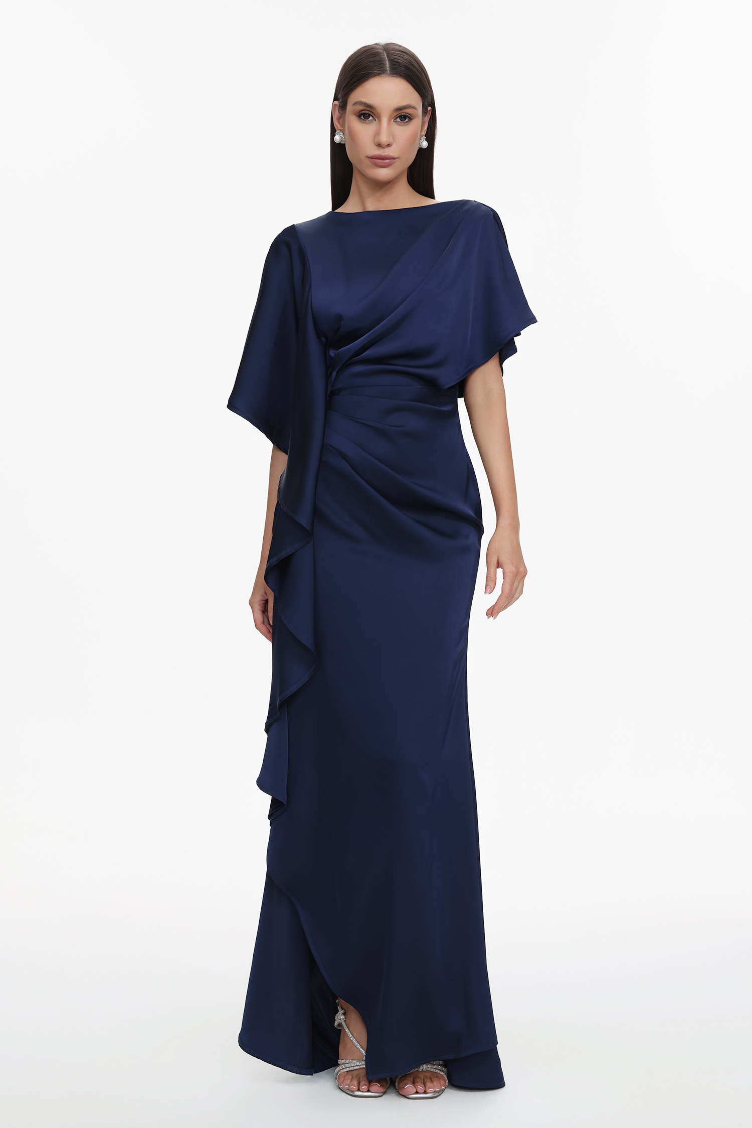 Lave Elegant Flowy Pleated Ruffle Satin Maxi Dress