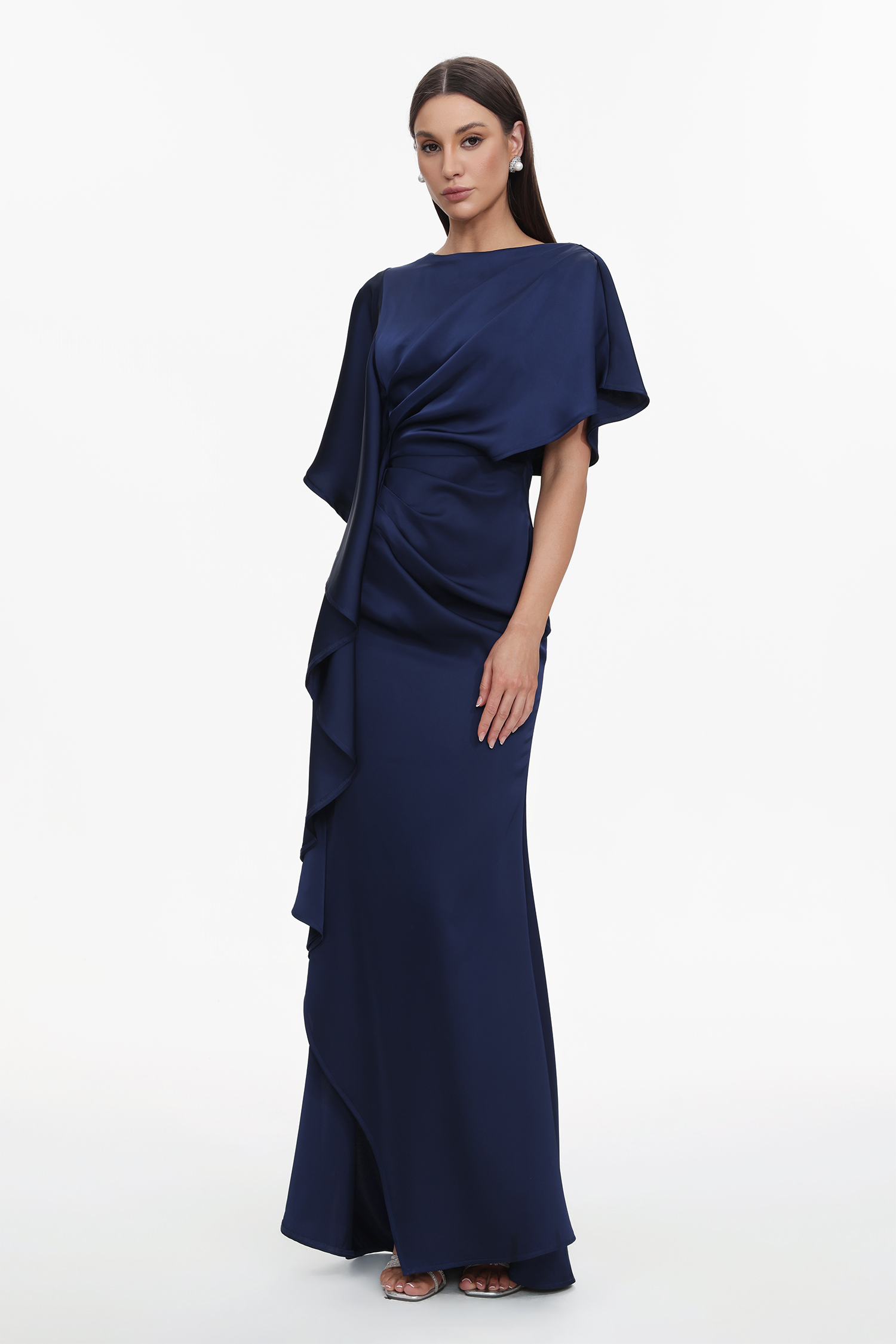 Lave Elegant Flowy Pleated Ruffle Satin Maxi Dress