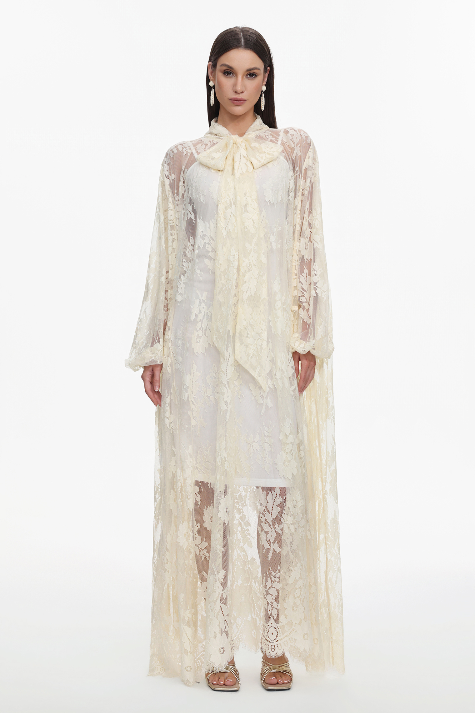 Deliyn Resort Flowy Long Sleeve Embroidered Mesh Lace Yellow Maxi Dress