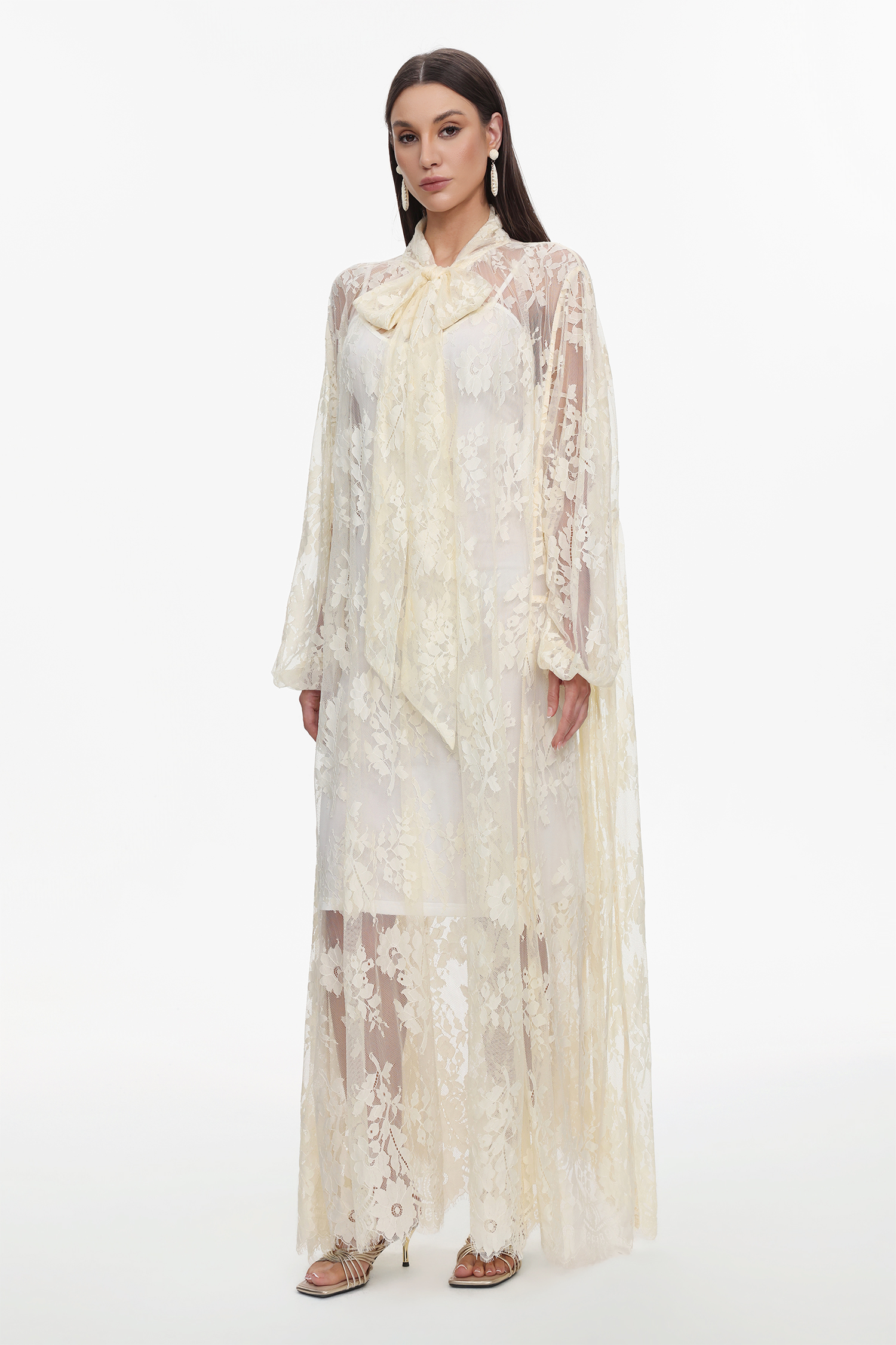 Deliyn Resort Flowy Long Sleeve Embroidered Mesh Lace Yellow Maxi Dress