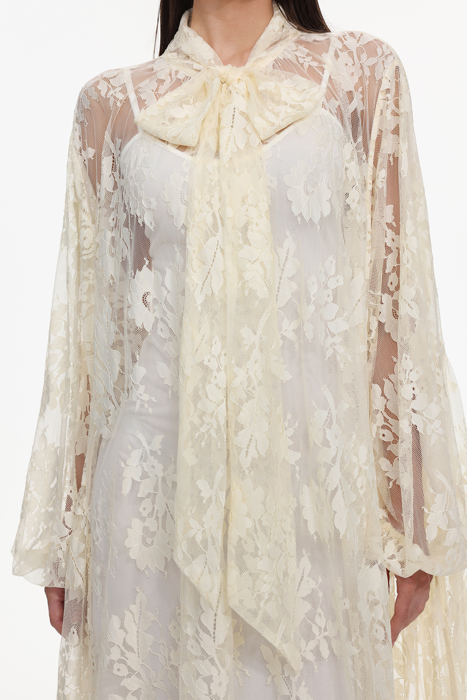 Deliyn Resort Flowy Long Sleeve Embroidered Mesh Lace Yellow Maxi Dress