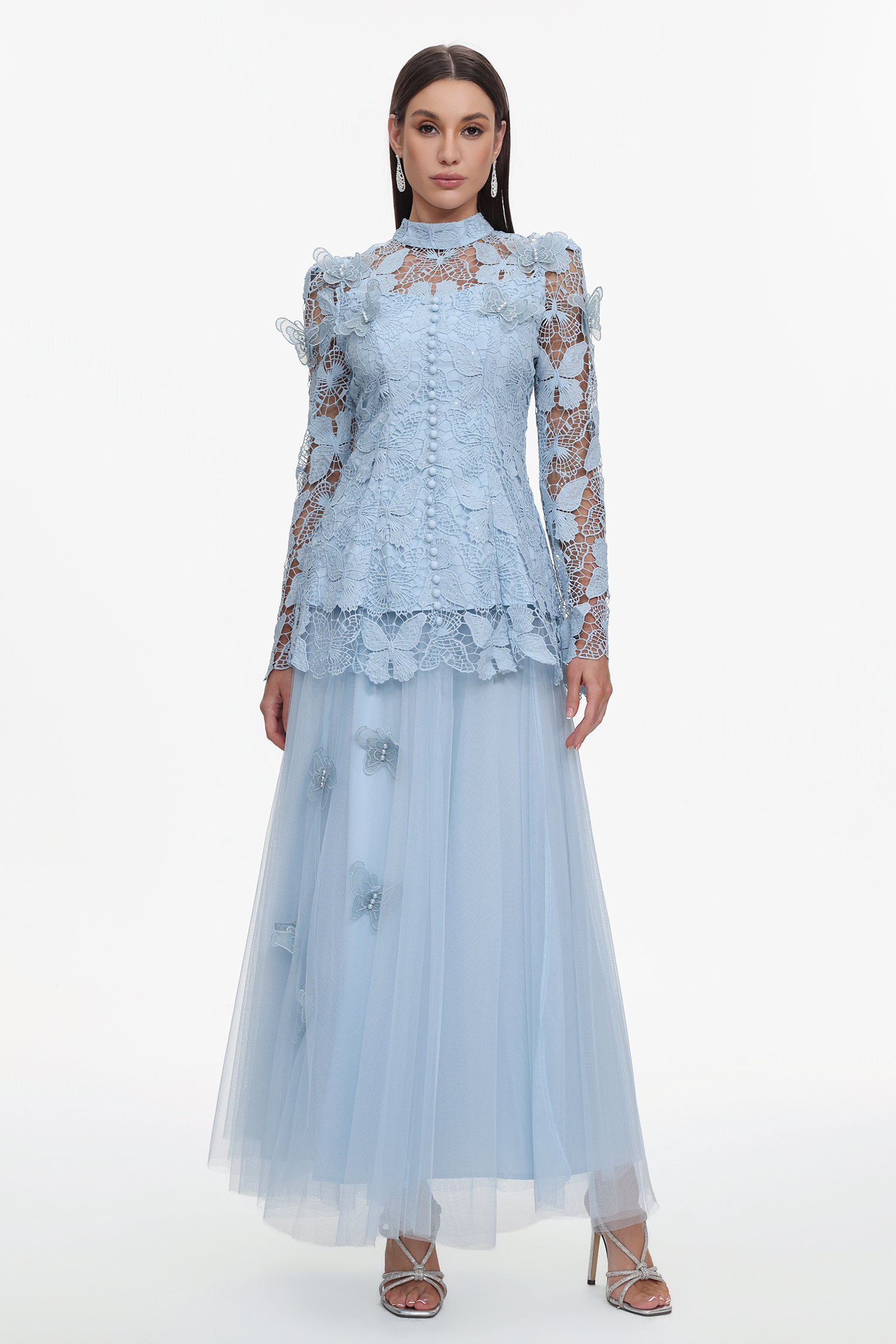 Sabina Long Sleeve Folds Lace Butterfly Top And Skirt Two-Piece Set