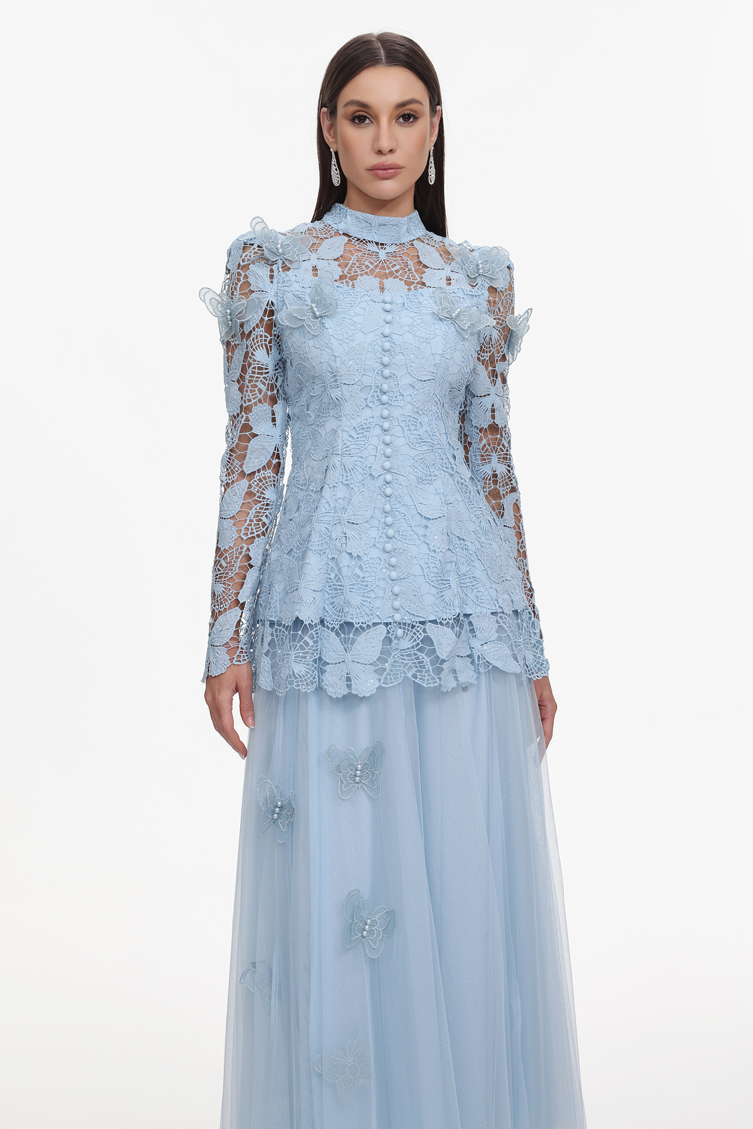 Sabina Long Sleeve Folds Lace Butterfly Top And Skirt Two-Piece Set