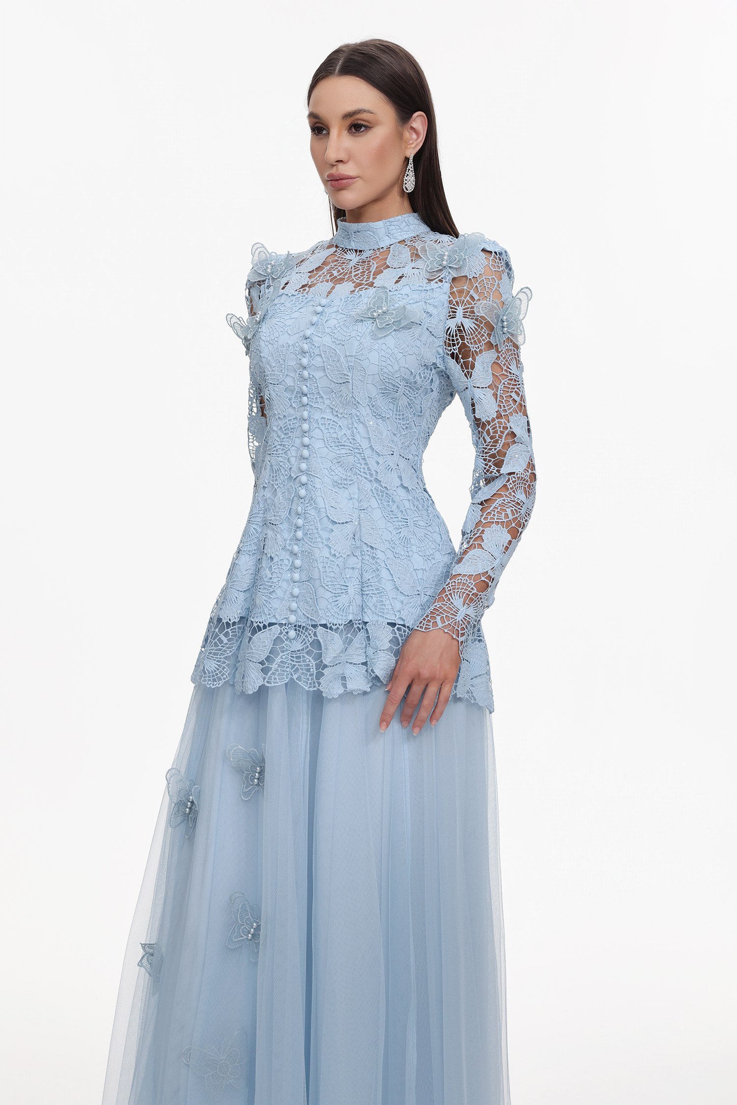 Sabina Long Sleeve Folds Lace Butterfly Top And Skirt Two-Piece Set
