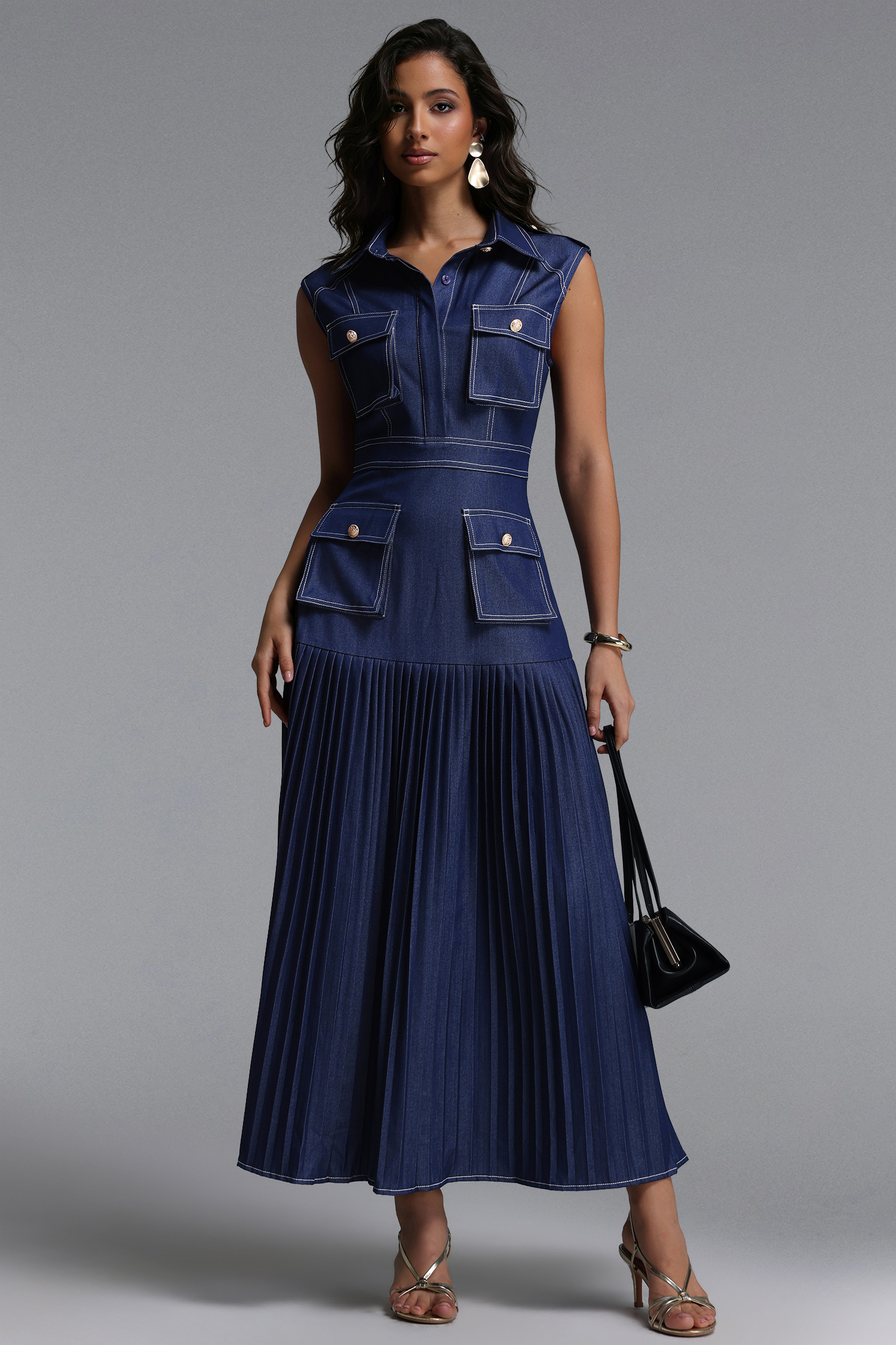 Jouy Elegant Tailored Sleeveless Pleated Maxi Dress