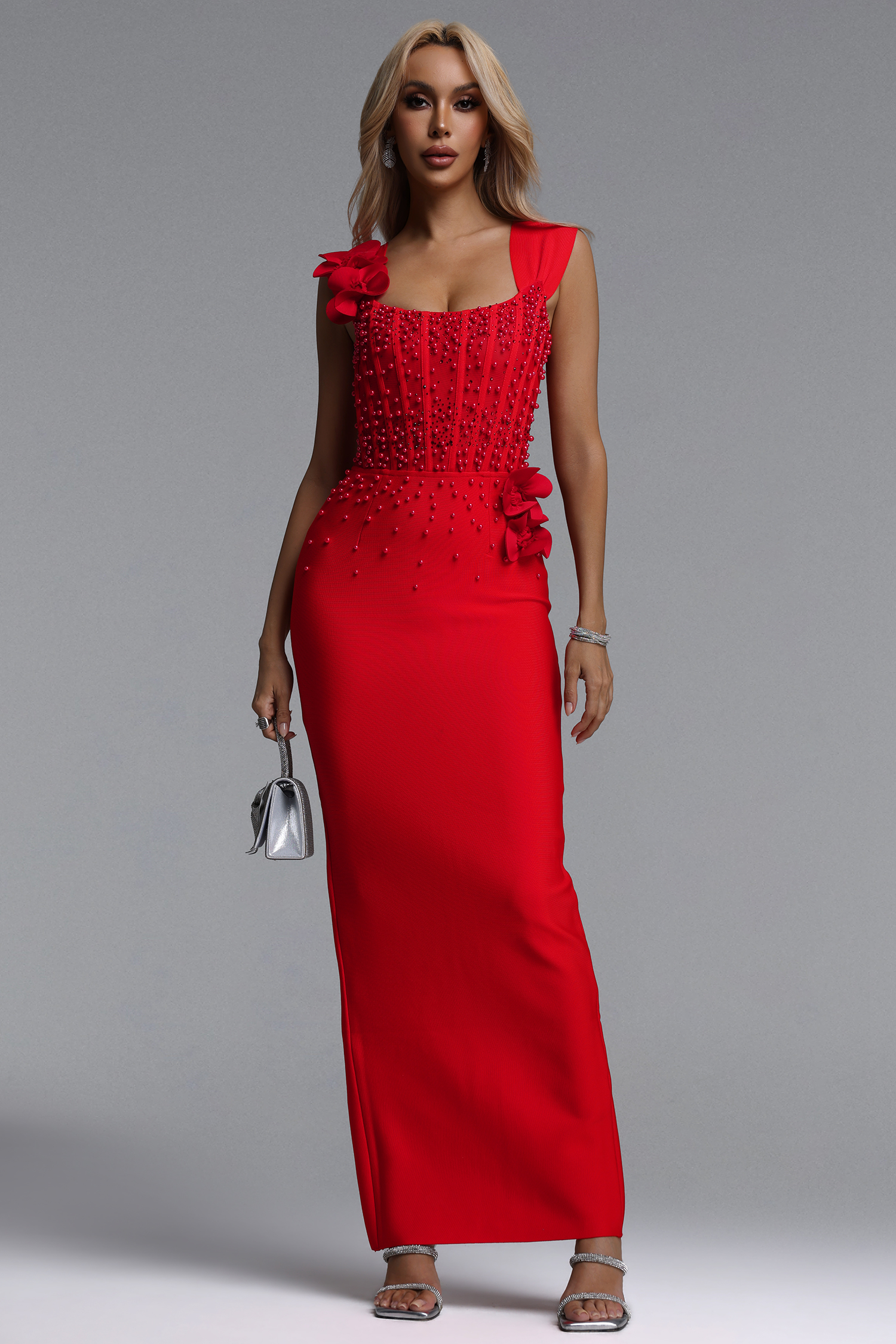 Oria Glamorous Contour Square Neck Pearl Floral Bandage Maxi Dres