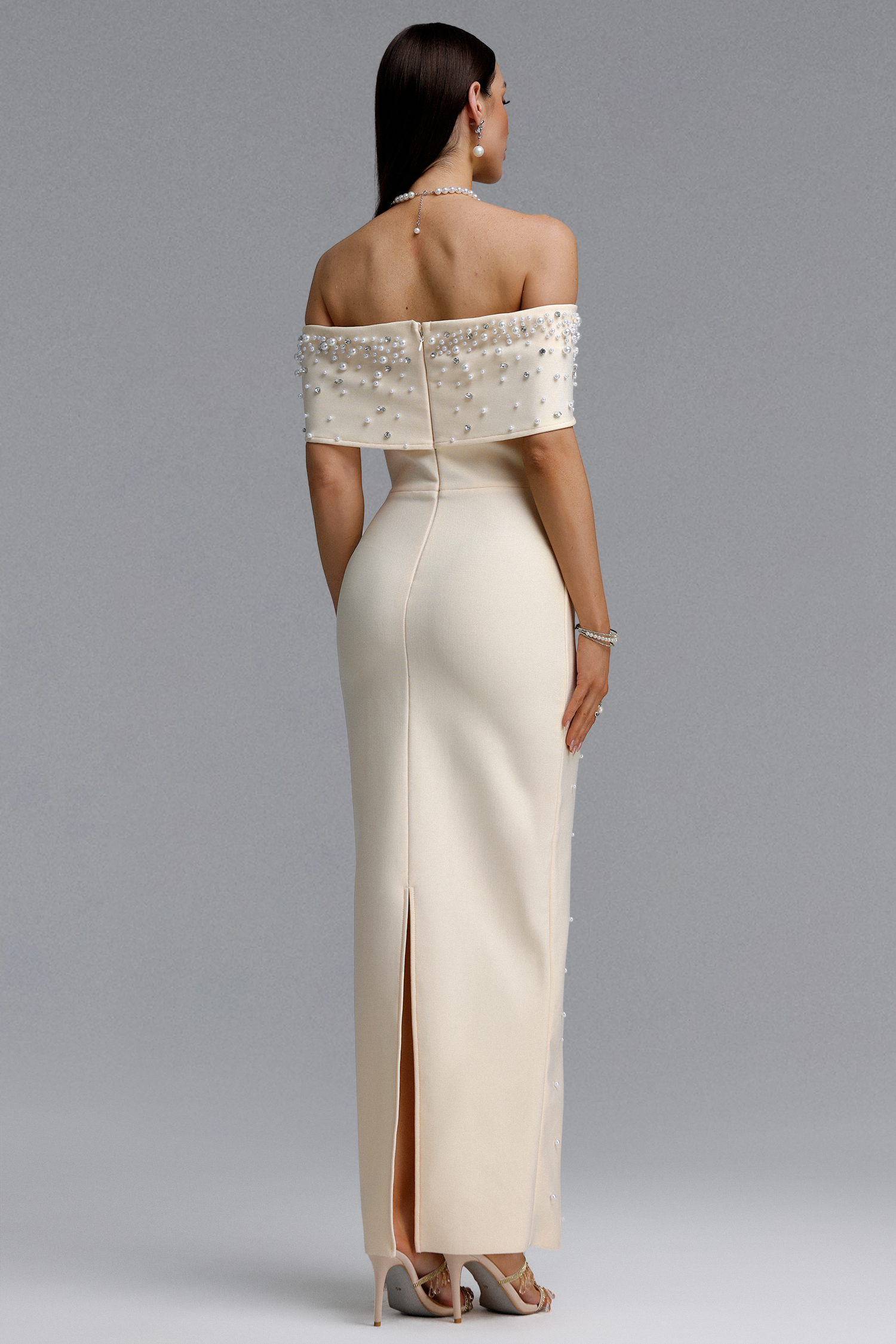 Isme Elegant Contour Off Shoulder Pearl Rhinestone Bandage Light Beige Maxi Dress
