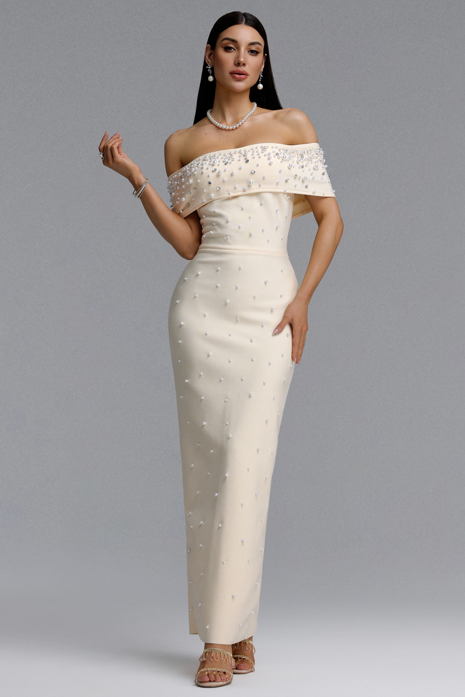 Isme Elegant Contour Off Shoulder Pearl Rhinestone Bandage Light Beige Maxi Dress
