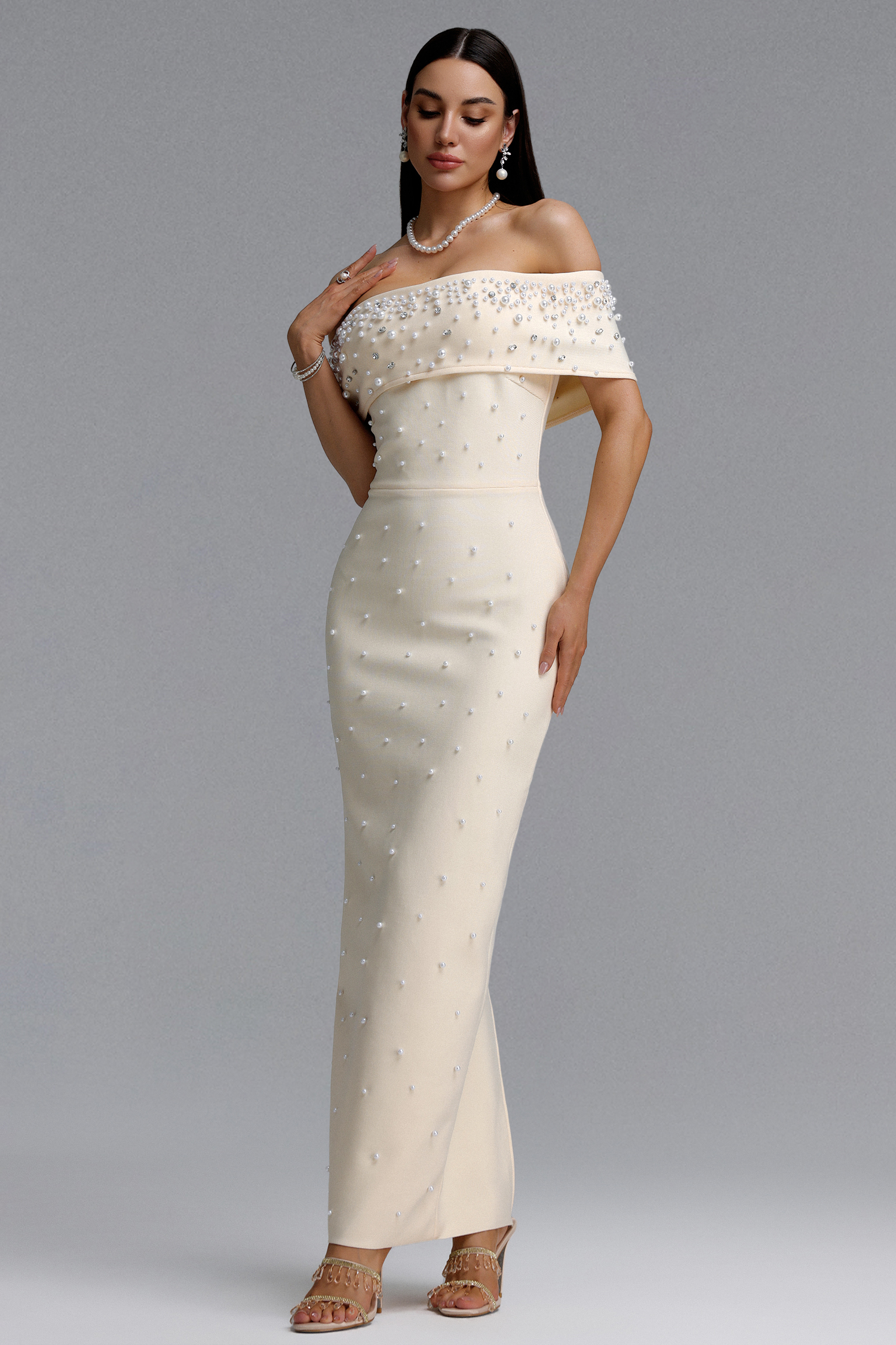 Isme Elegant Contour Off Shoulder Pearl Rhinestone Bandage Light Beige Maxi Dress