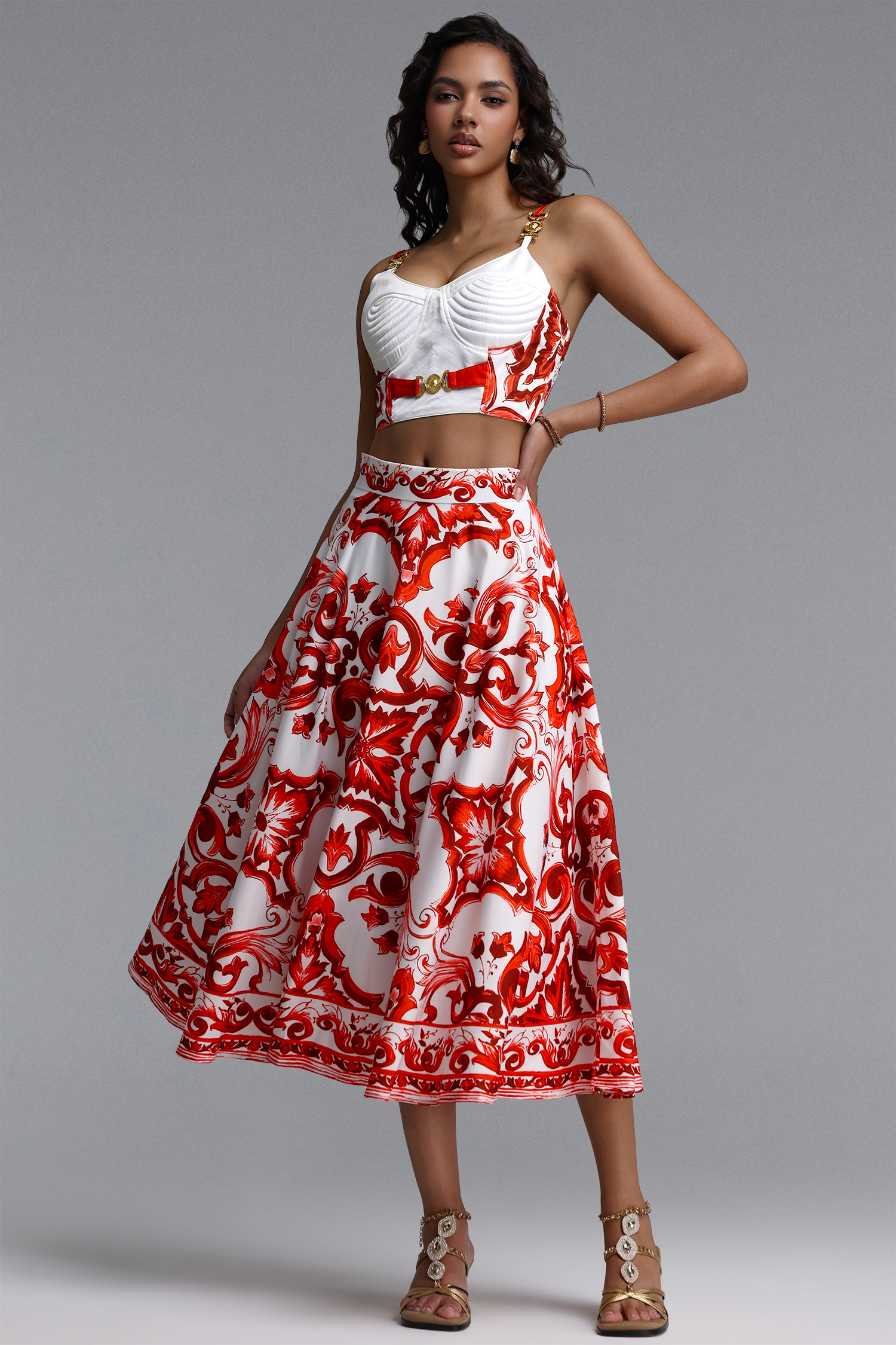 Kaona Halter Floral Printed Red Top And Skirt Two-Piece Set