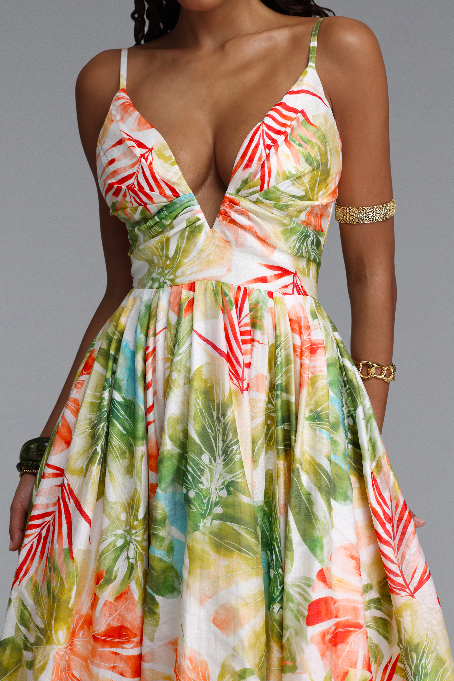 Kamaria Romantic Cinched V Neck Spaghetti Strap Ruched Floral Print Woven Maxi Dress