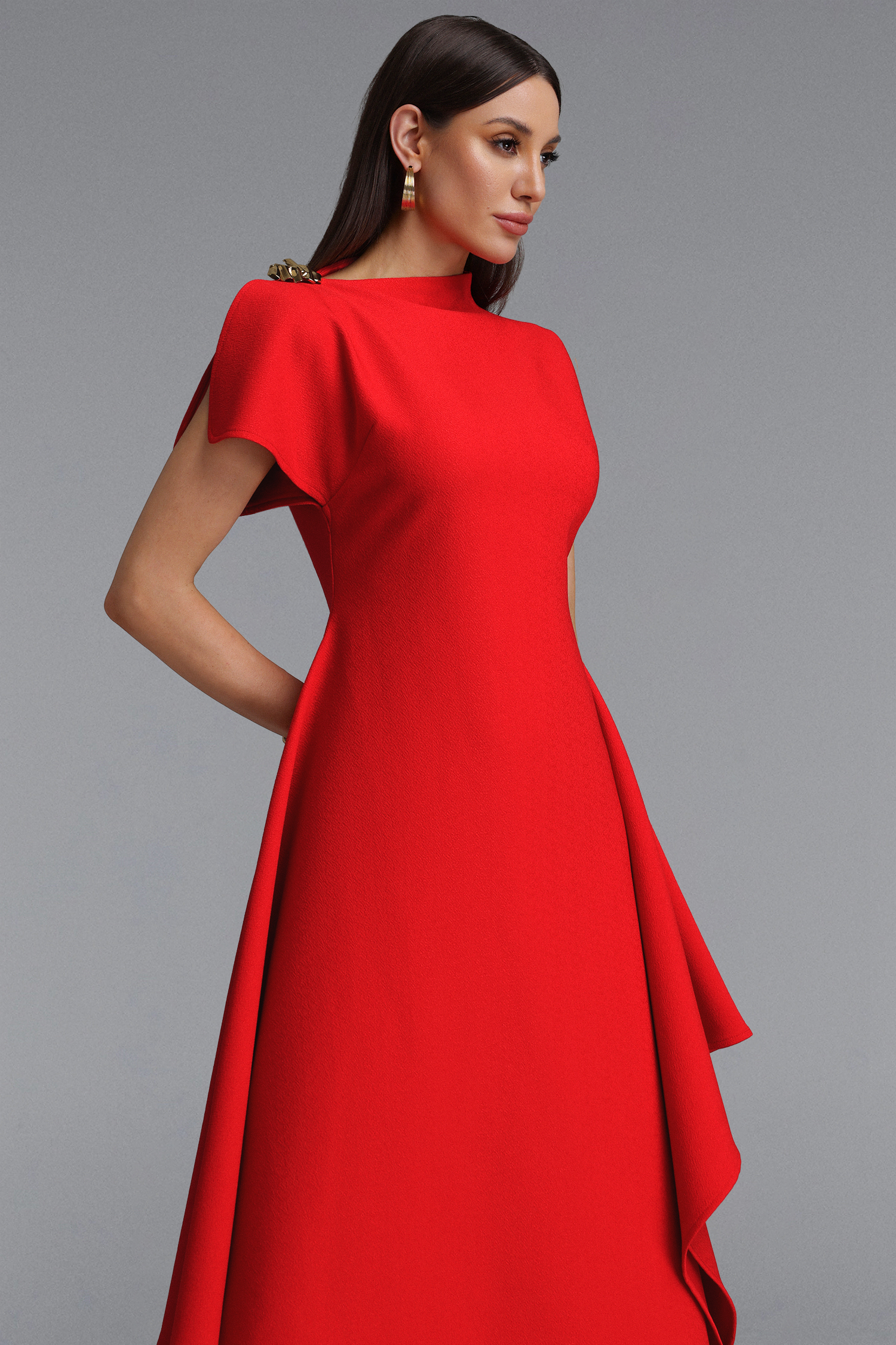 Weren Elegant Contour High Neck Asymmetric Red Maxi Dress