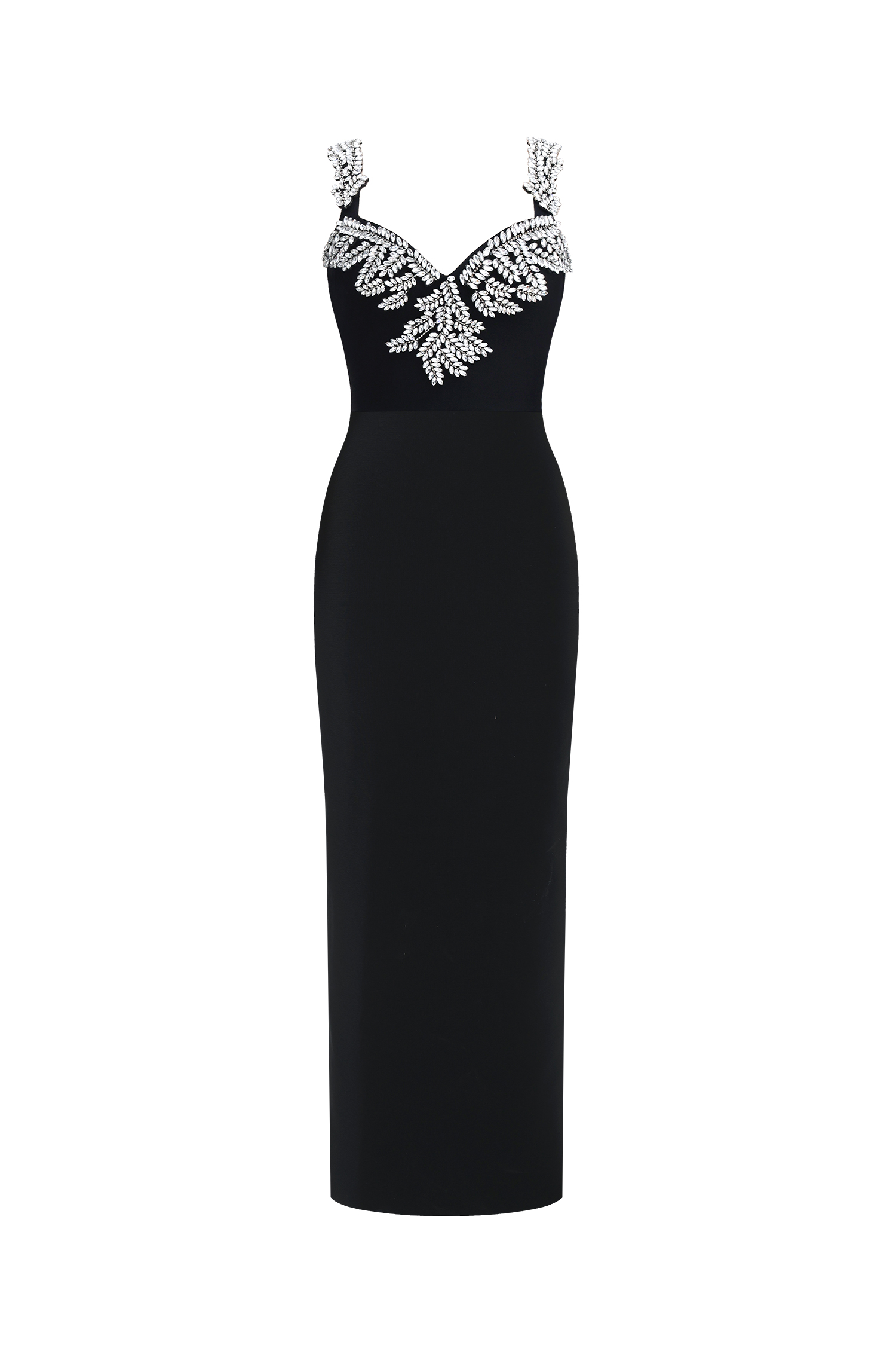 Lila Elegant Contour Spaghetti Strap V Neck Large Leaf Rhinestone Bandage Midi Dress